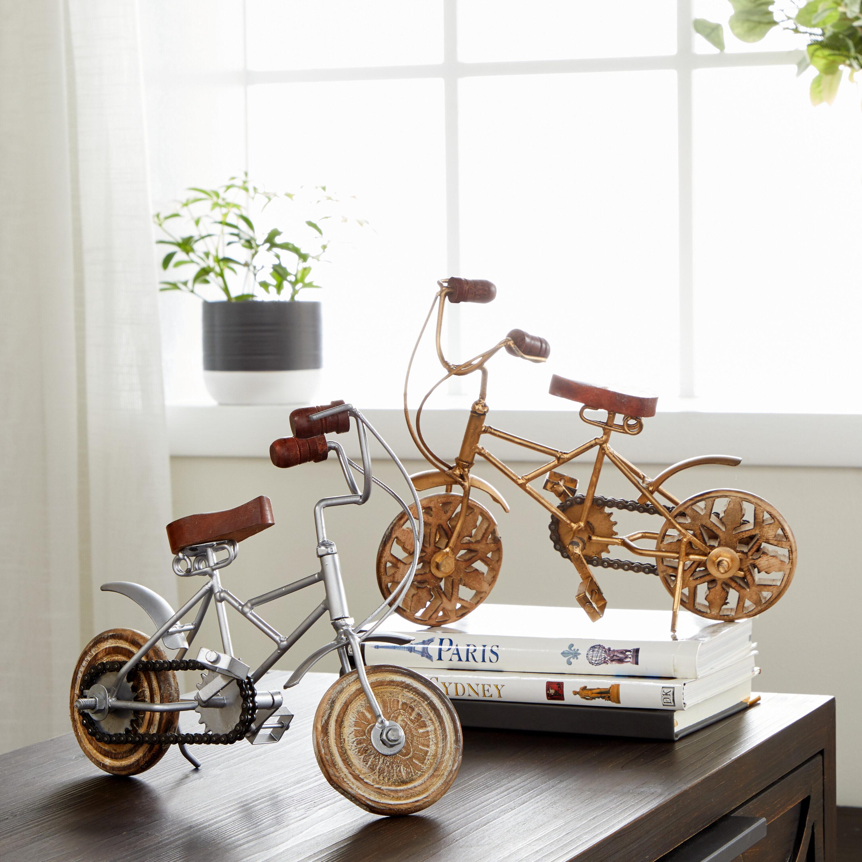 4"W, 8"H Multi Colored Metal Bike Sculpture with Wood Wheels, by DecMode (2 Count)