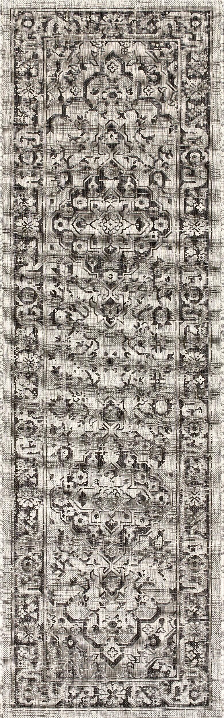2'x8' Rozetta Boho Medallion Textured Weave Indoor/Outdoor Runner Rug, Gray/Black - JONATHAN Y