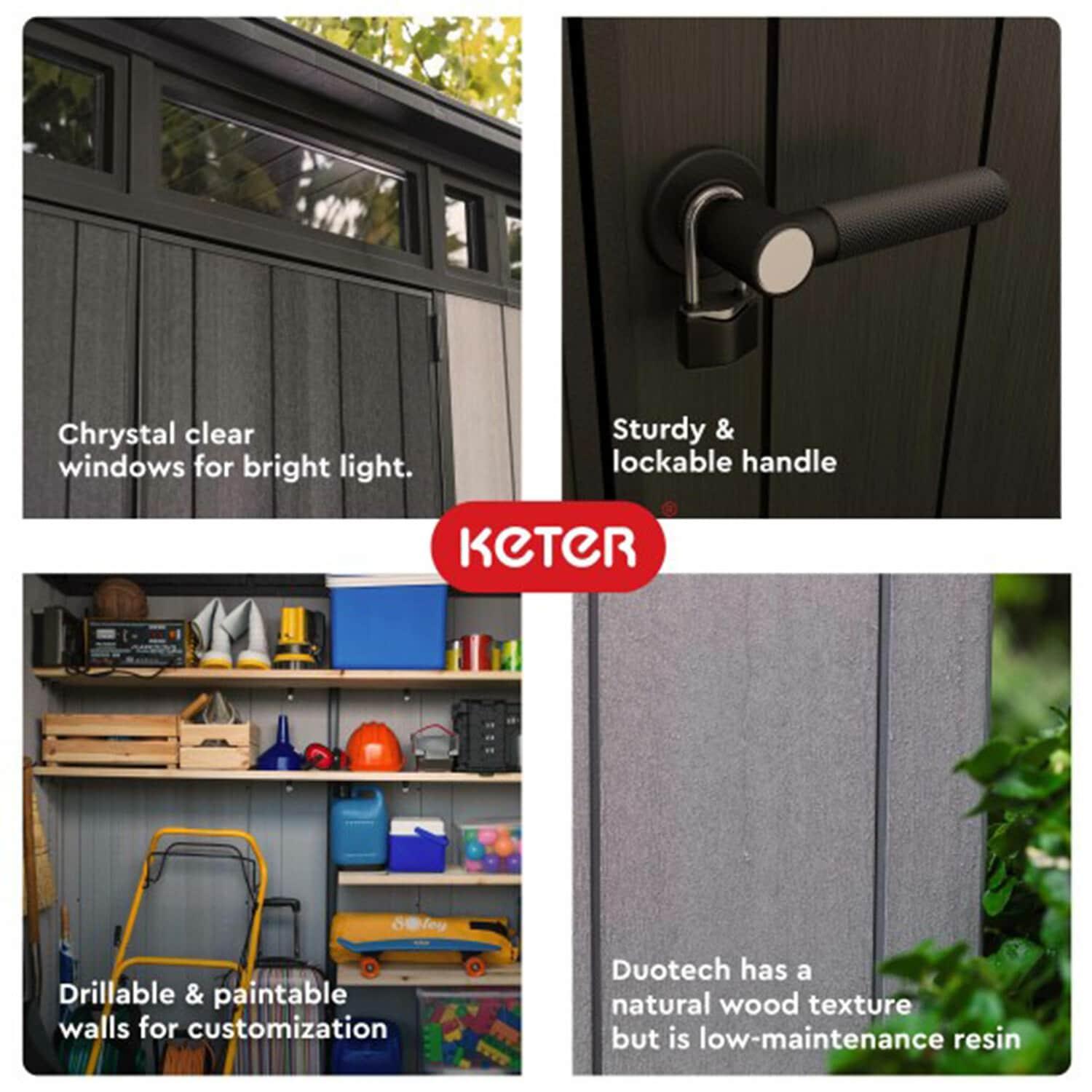 Keter Artisan 7x7 ft. Modern Durable Resin Outdoor Storage Shed With Floor and Double Doors for Garden Patio Furniture and Tools, Grey