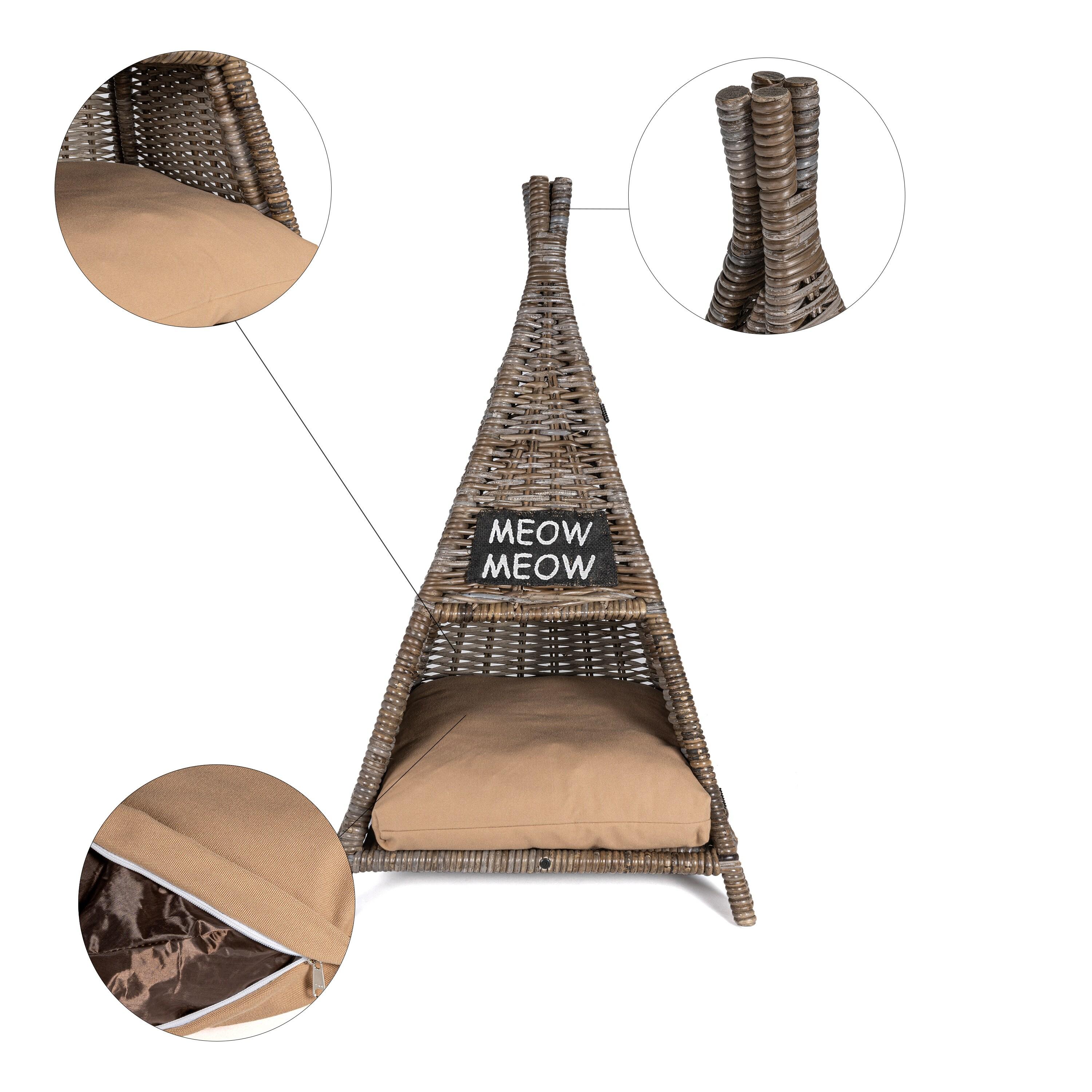 Tiki Tent 20" x 20" Coastal Handwoven Rattan Cat Bed with Machine-Washable Cushion, Kubu Gray