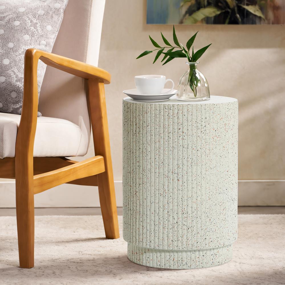 LuxenHome Ivory White Cement Round Outdoor Side Table
