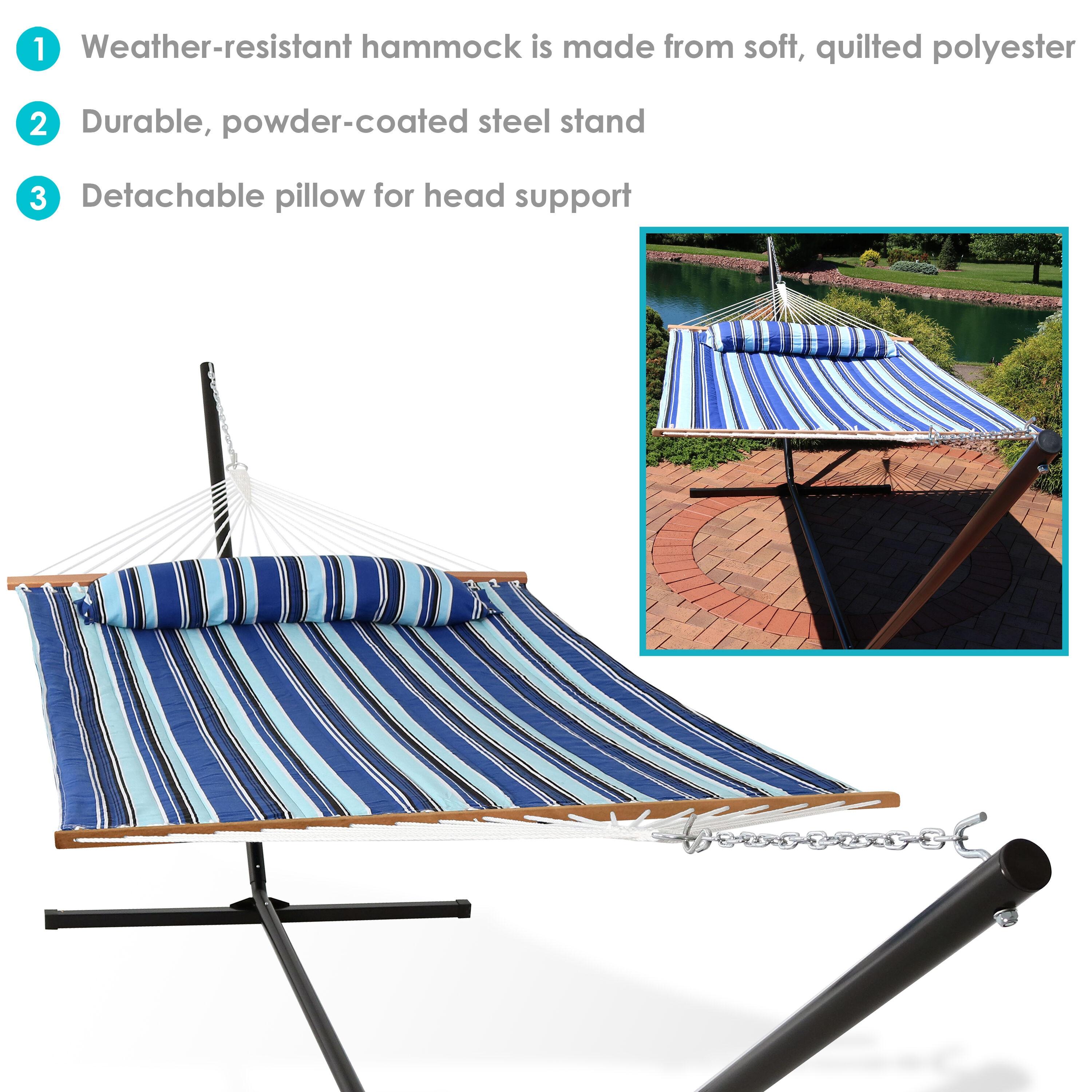 Sunnydaze Outdoor 2-Person Double Polyester Quilted Hammock with Wood Spreader Bar and 12ft Black Steel Stand - Catalina Beach
