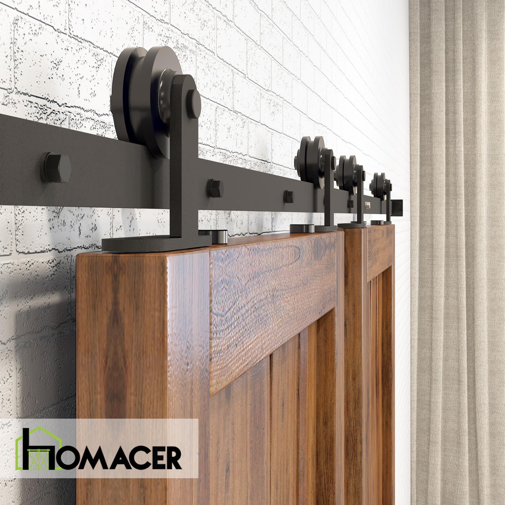 Homacer Black Rustic Sliding Barn Door Hardware Kit, for Two/Double Doors, 14ft Long Flat Track, T-Shape Design Roller, Heavy Duty, for Interior & Exterior Use