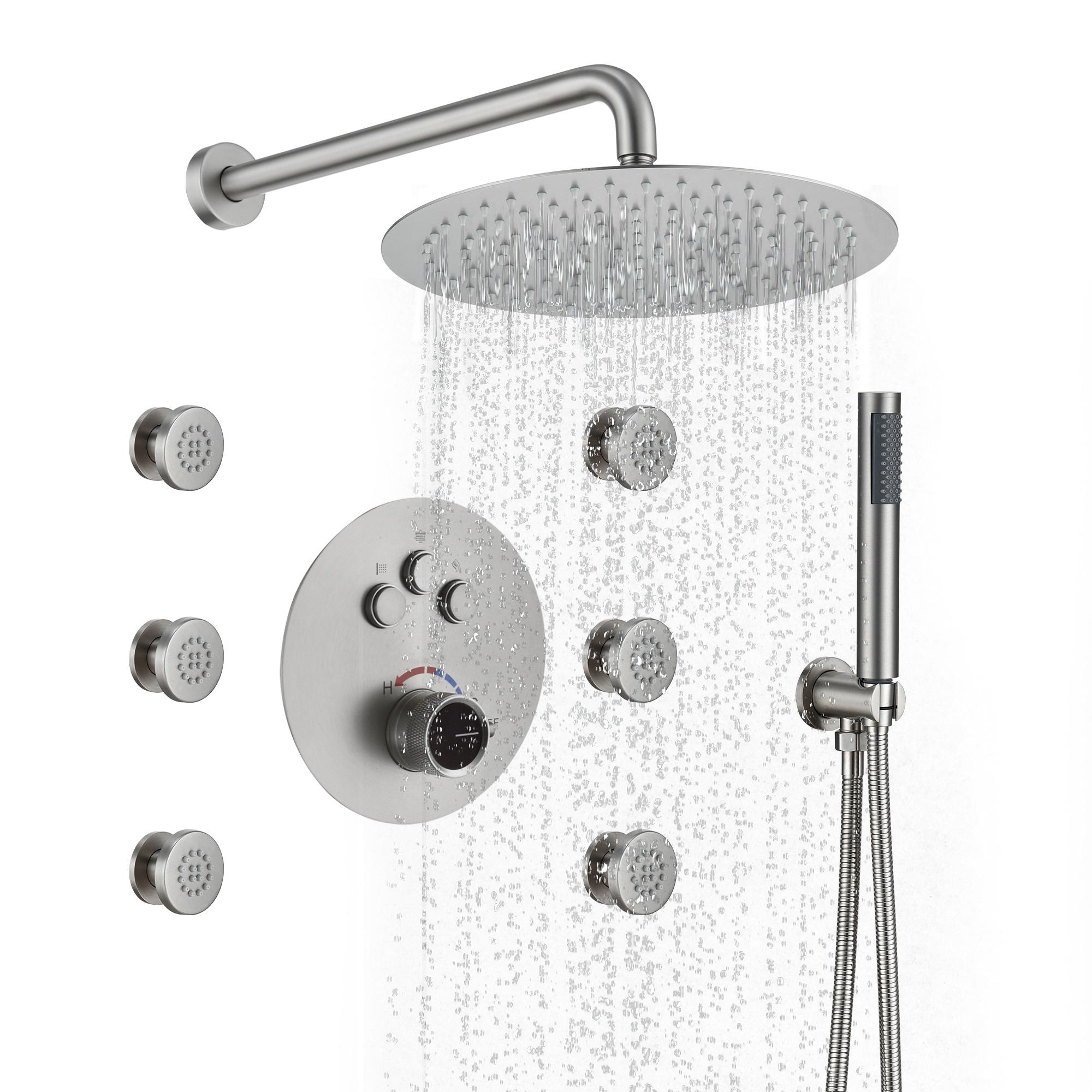 Wall Mounted Thermostatic Complete Rainfall Shower System with 6 Body Jets and Rough-in Valve