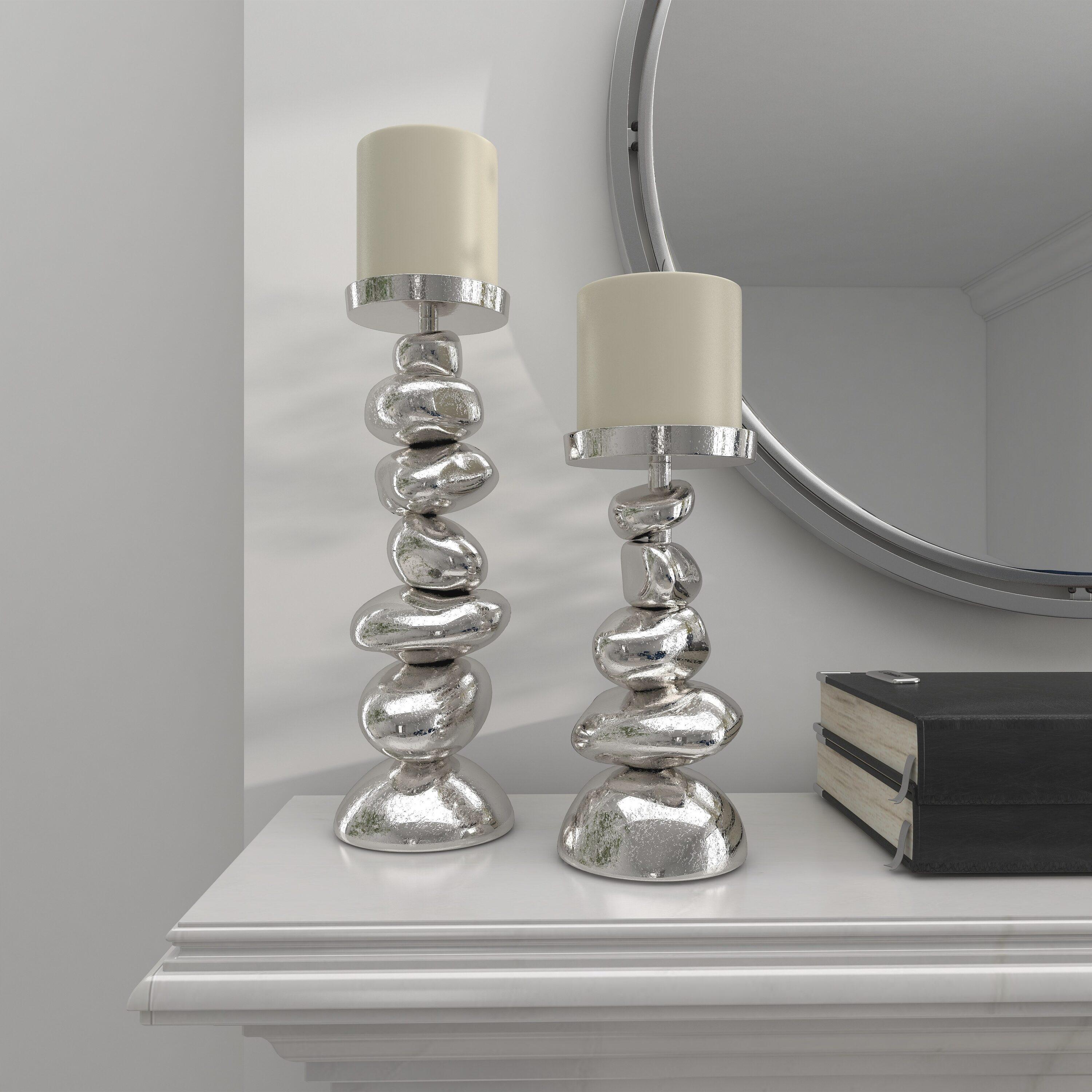DecMode 2 Candle Silver Aluminum Candle Holder, Set of 2