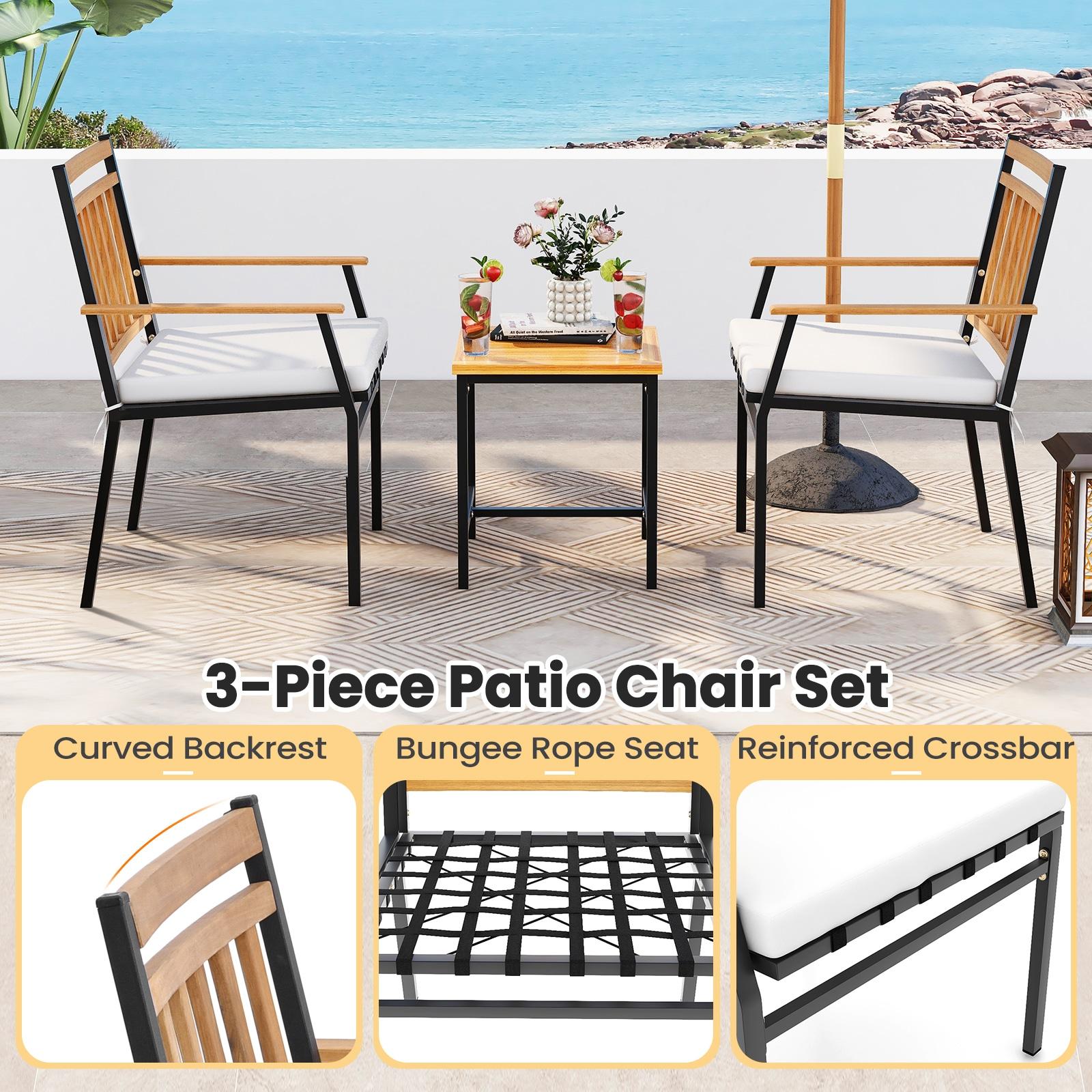 Gracie Oaks 3 Pieces Acacia Wood Bistro Set Patio Conversation Set With Cushions And Coffee Table Outdoor Bistro Table And Chairs Set