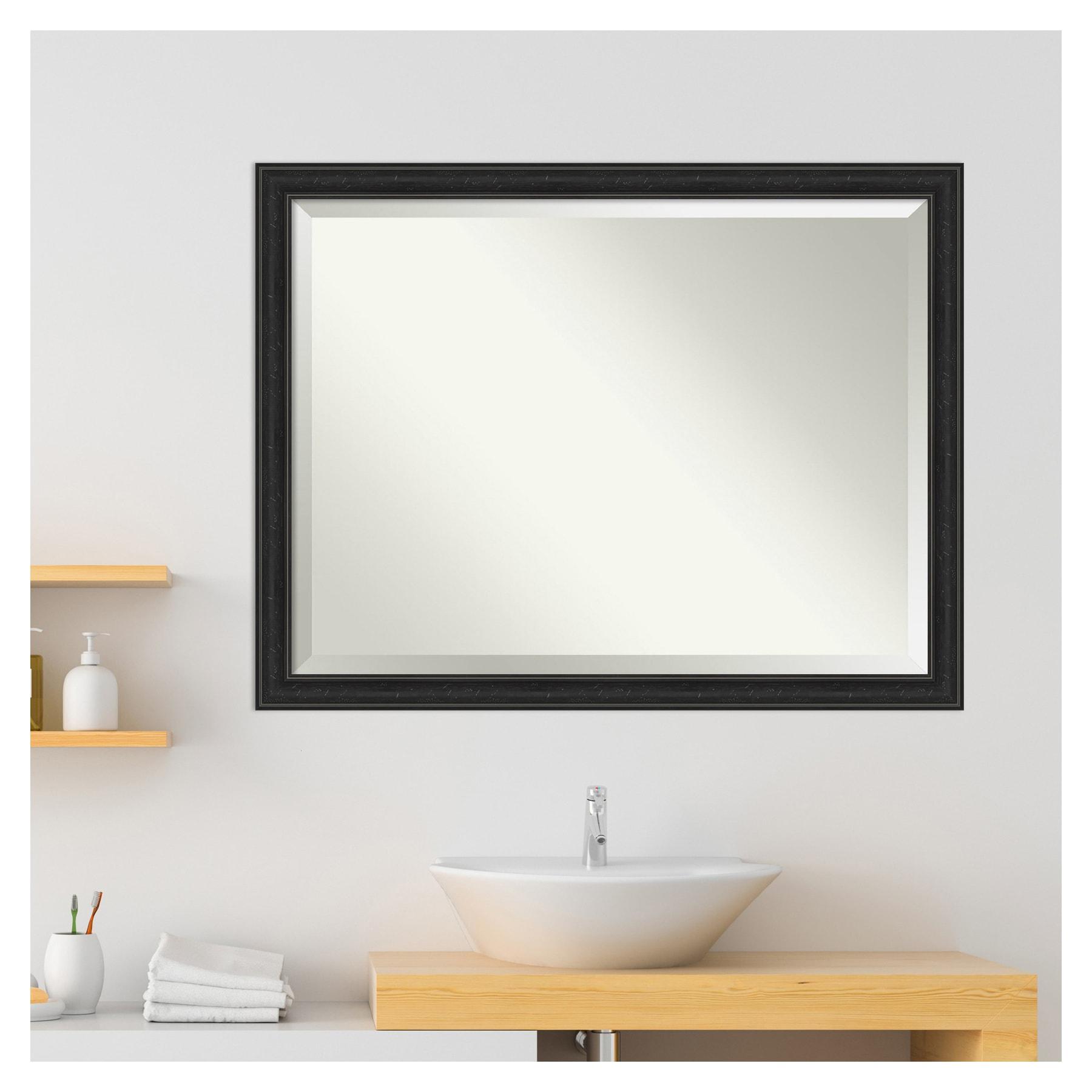 Amanti Art Beveled Bathroom Wall Mirror - Shipwreck Black Narrow Frame Outer Size: 44 x 34 in