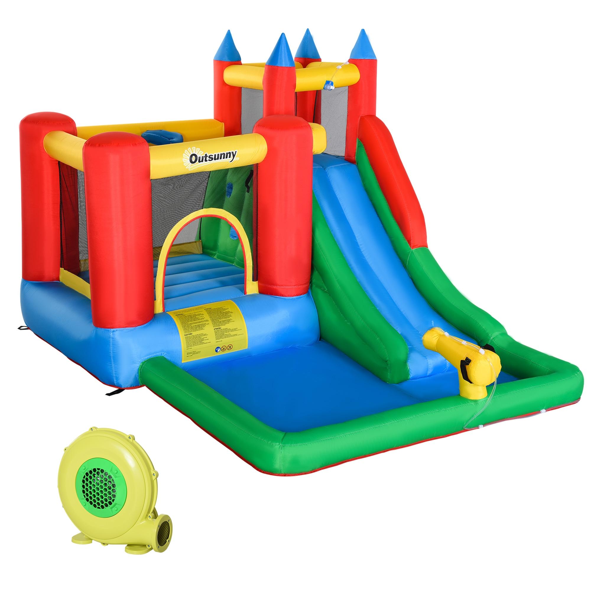 GZMWON Outsunny 6-In-1 Kids Bounce House Inflatable Water Slide With Pool, Water Cannon, Climbing Wall, Inflator Included, Jumping Castle Kids Backyard Activity Outdoor Water Play Toy