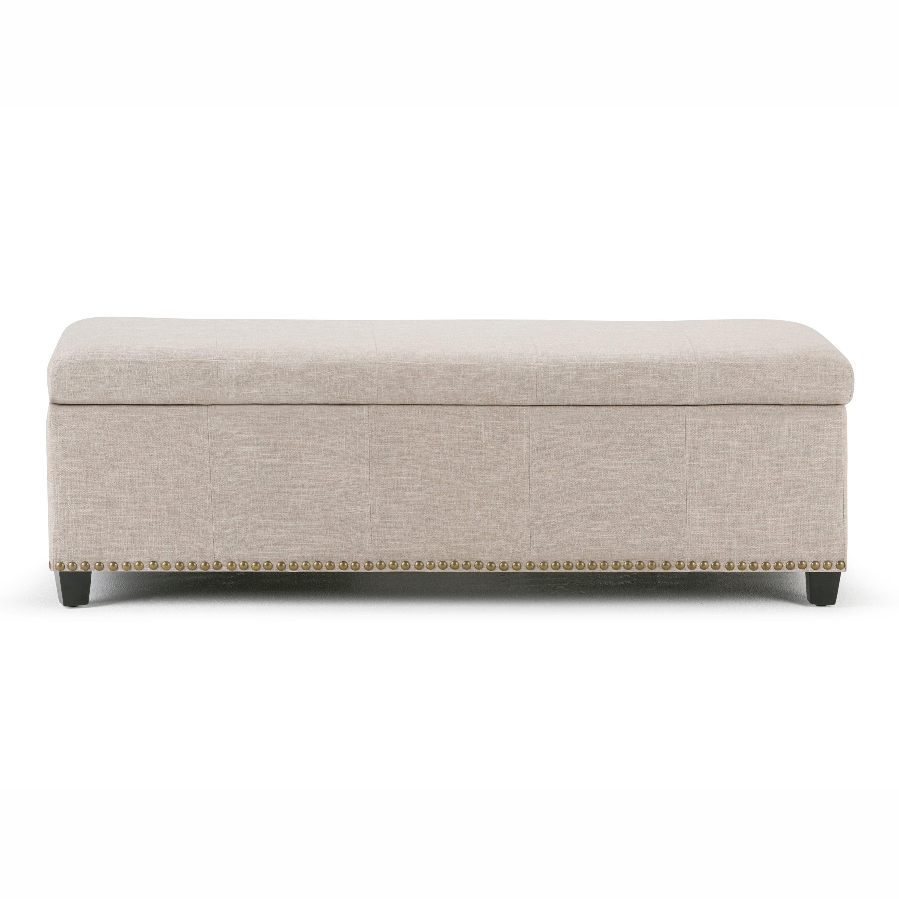Simpli Home Kingsley 48"W Upholstered Storage Ottoman with Lift-Top Lid, Nailhead Trim, and Stitching Detail