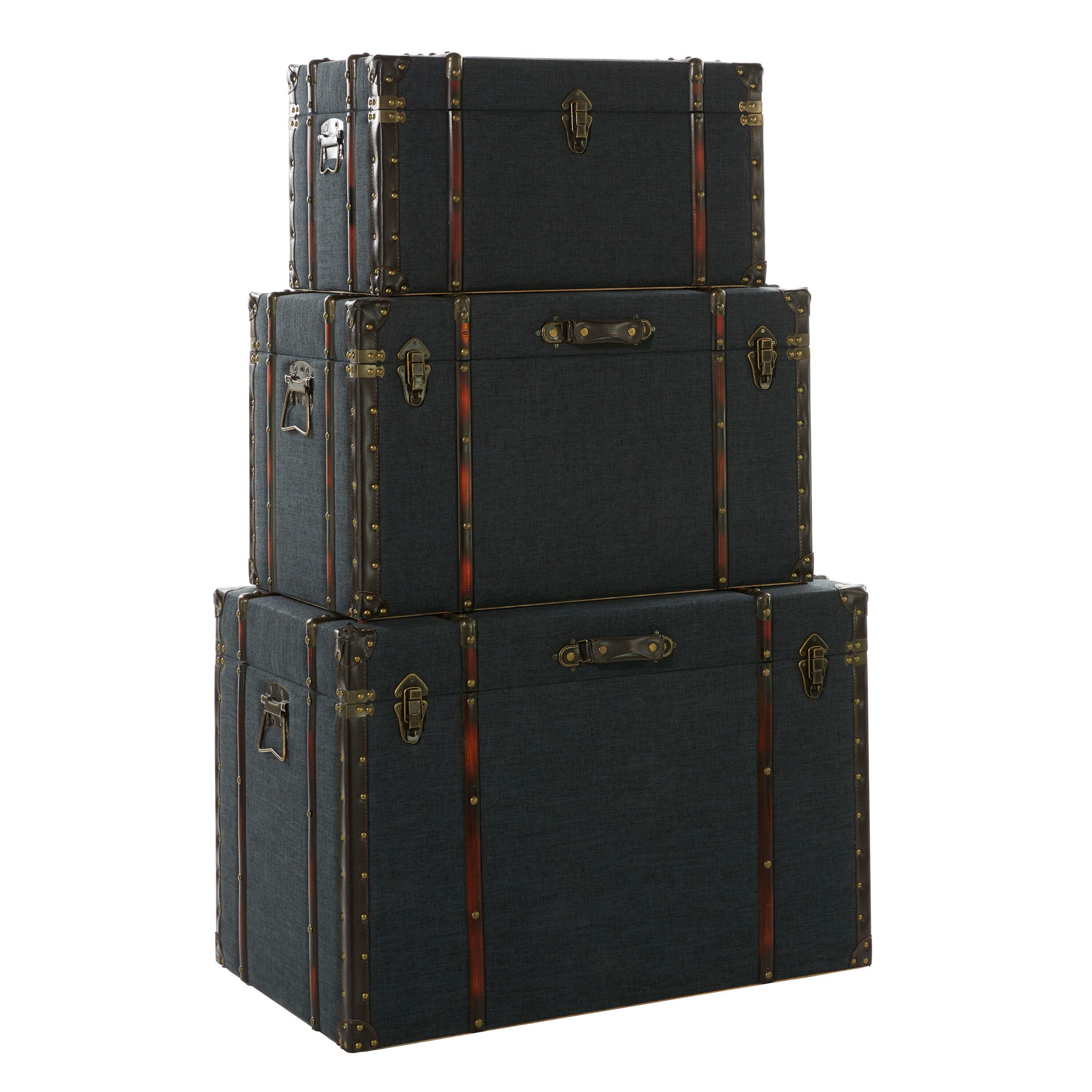 DecMode 24" x 13" Blue Linen Fabric Nesting Upholstered Trunk with Buckle Hinged Top, 3-Pieces