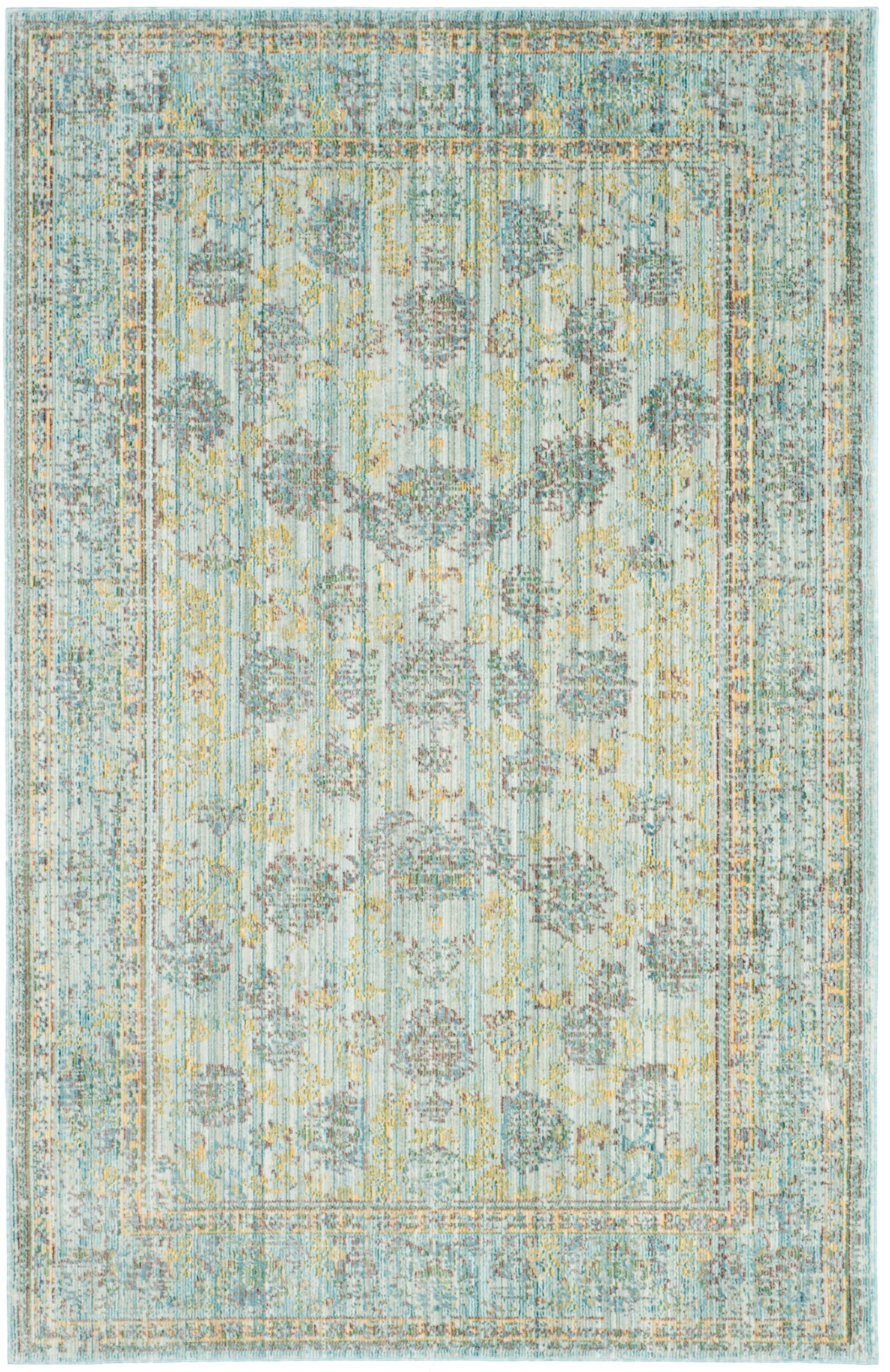 SAFAVIEH Valencia Cionadogh Floral Bordered Polyester Area Rug, Light Blue/Turquoise, 4' x 6'