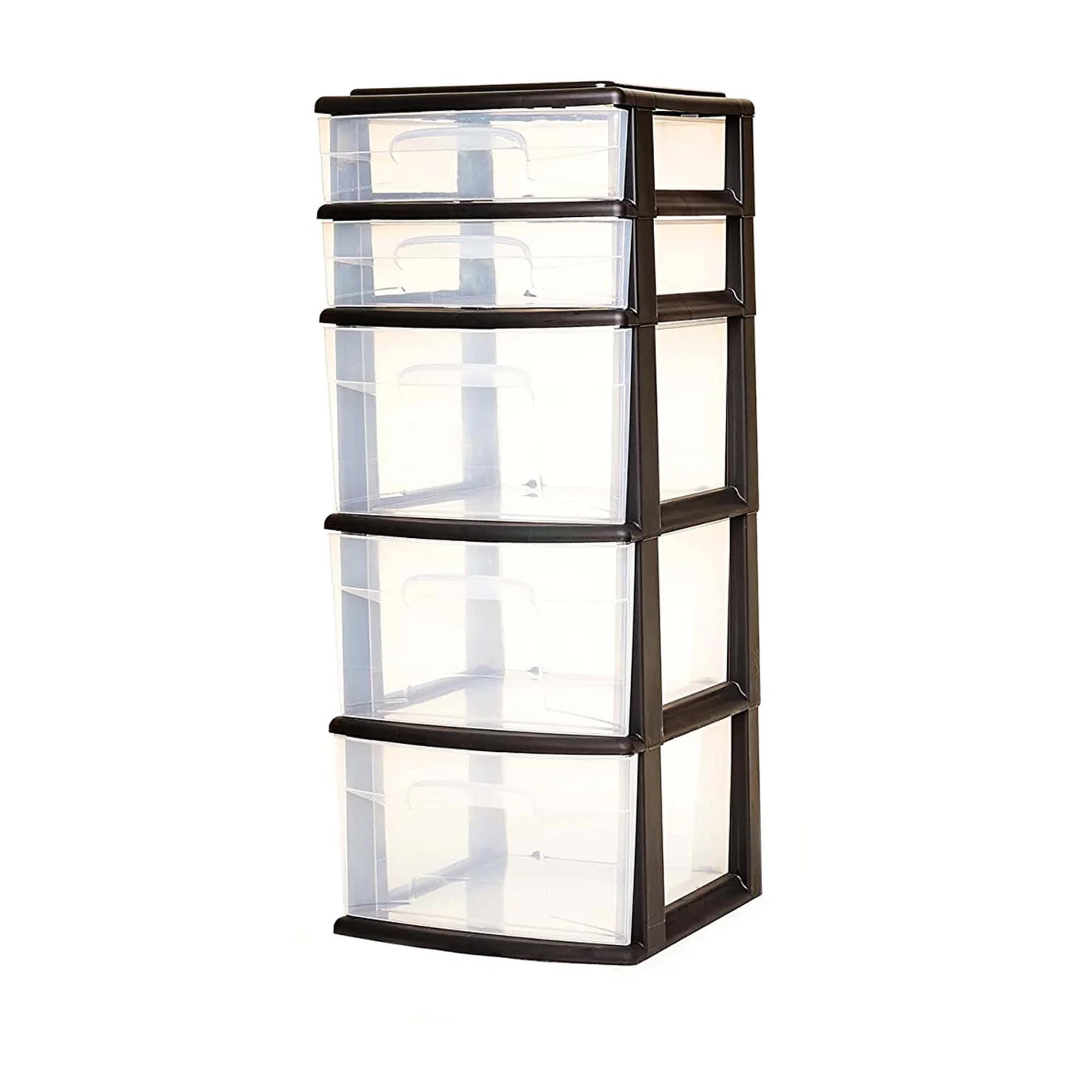 Homz Plastic 5 Clear Drawer Medium Home Closet Organizer Storage Container Tower with 3 Large Drawers and 2 Small Drawers, Black Frame