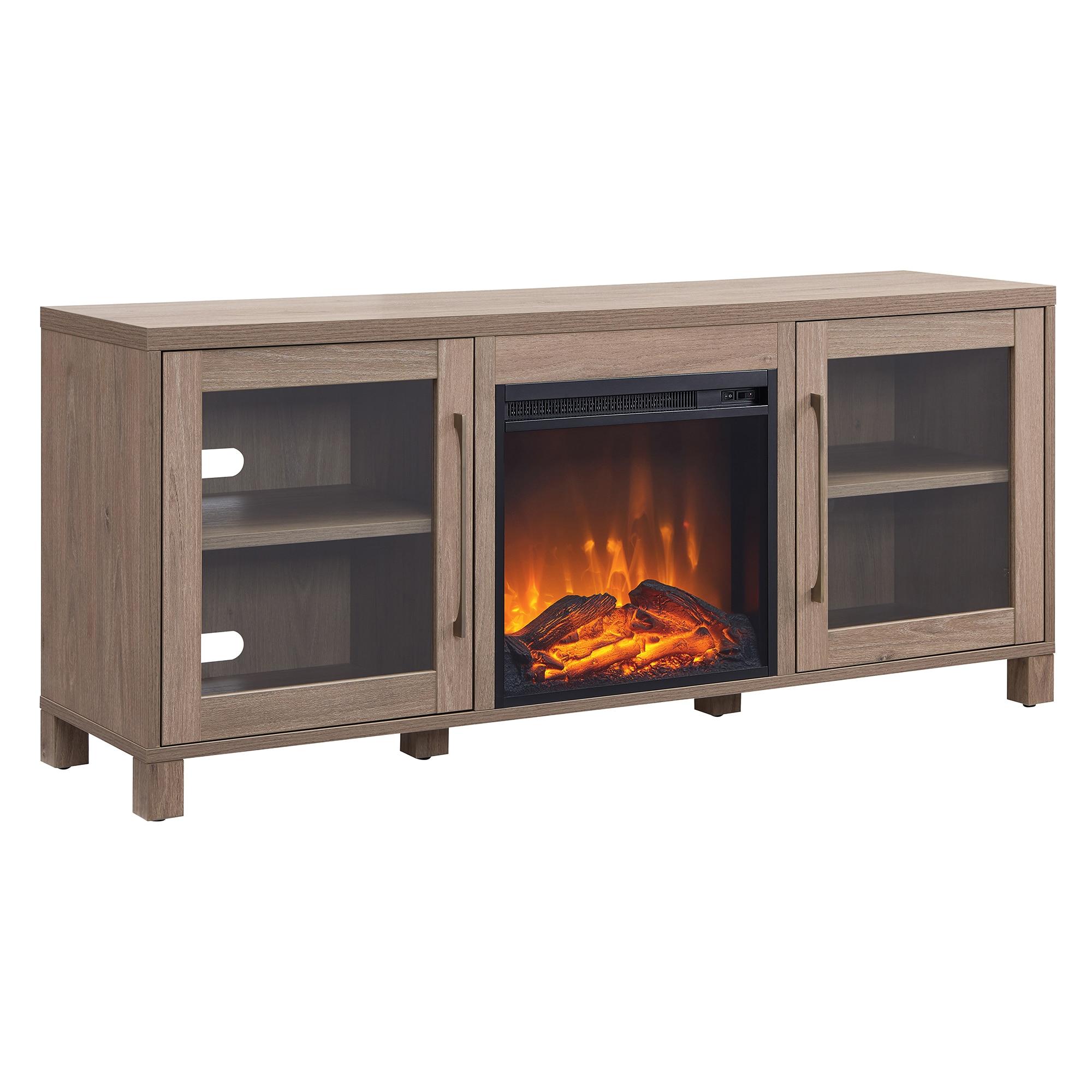 Evelyn&Zoe Quincy Rectangular TV Stand with Log Fireplace for TV's up to 65", Antiqued Gray Oak