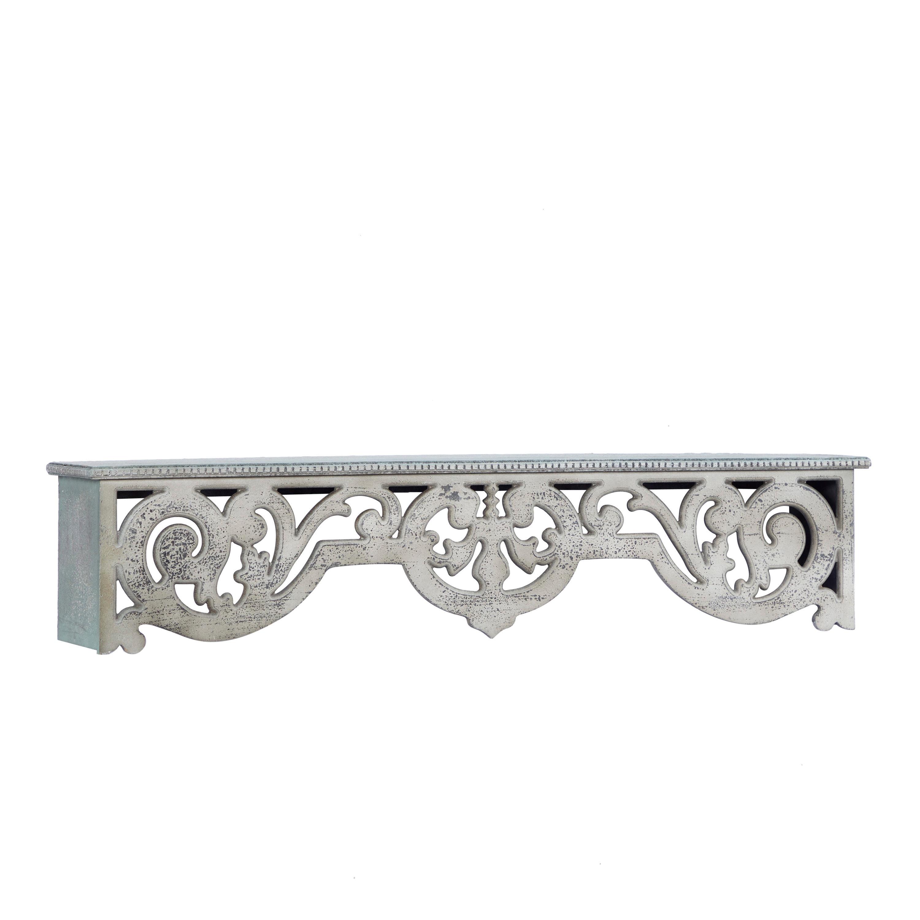 DecMode 48" x 8" 1-Tier Beige Scroll Wall Shelf with Gray Distressing
