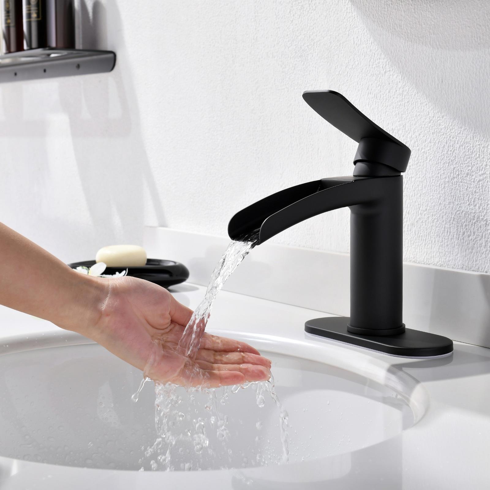 Phiestina Matte Black Single Hole Waterfall Bathroom Sink Faucet Single Handle, with 6-Inch Deck Plate & Metal Pop Up Drain Assembly, NS-SF01-MB