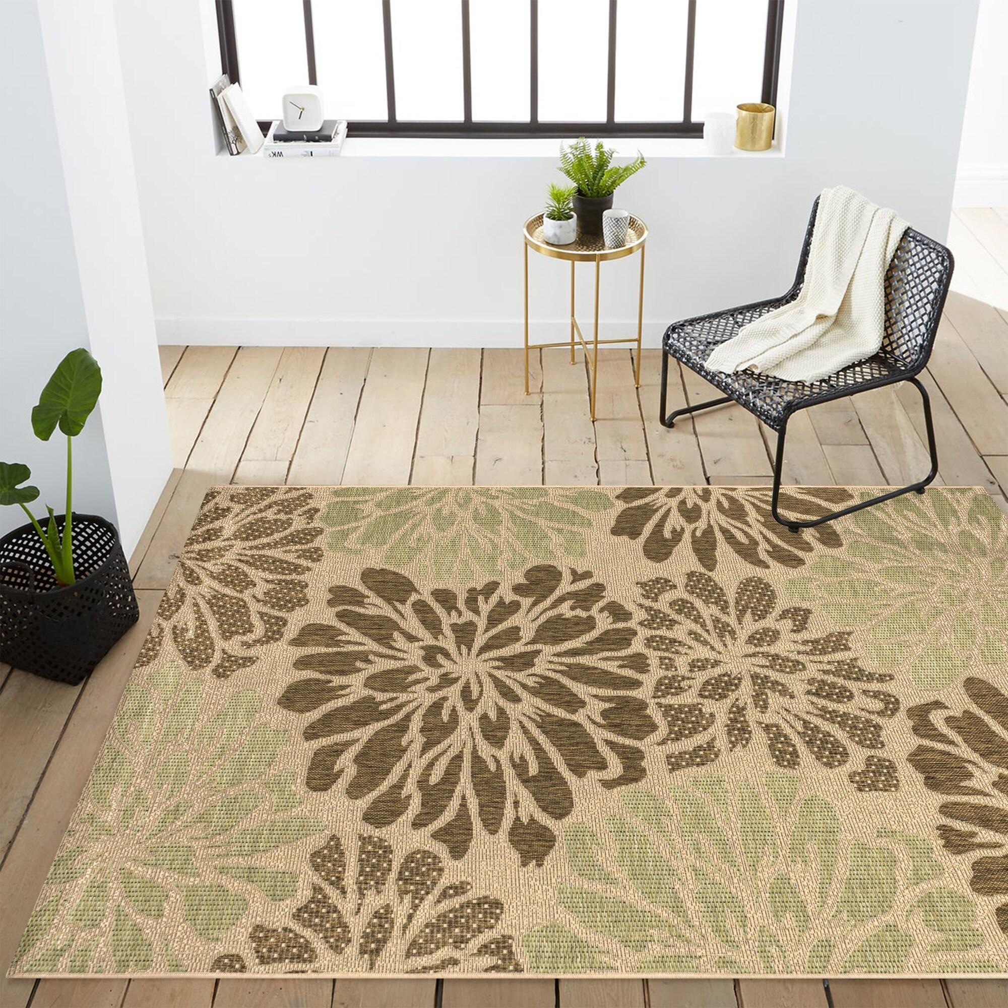 3'x5' Zinnia Modern Floral Textured Weave Indoor/Outdoor Area Rug, Sage/Brown - JONATHAN Y