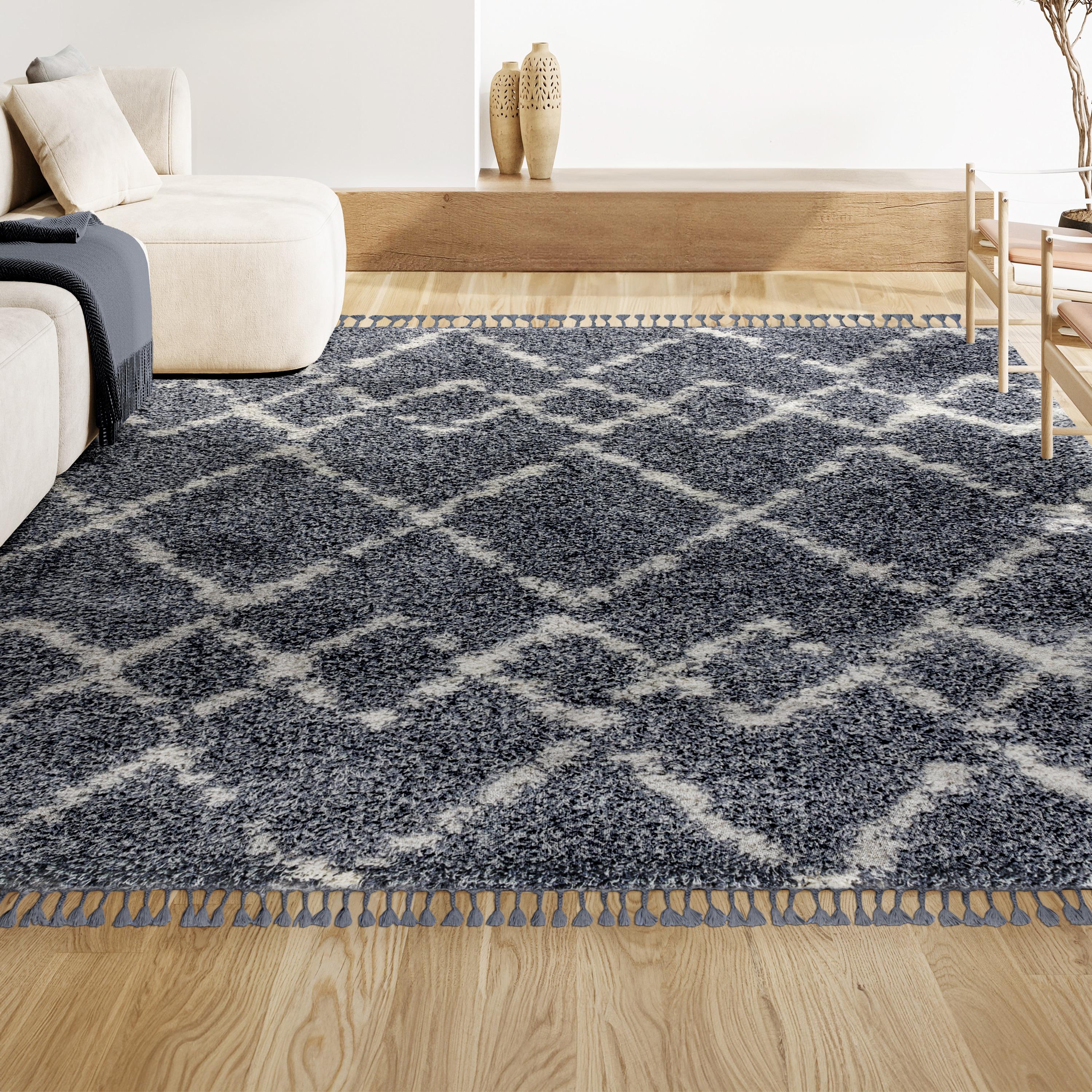 3'x5' Mercer Shag Plush Tassel Moroccan Geometric Trellis Area Rug, Denim/Cream - JONATHAN Y