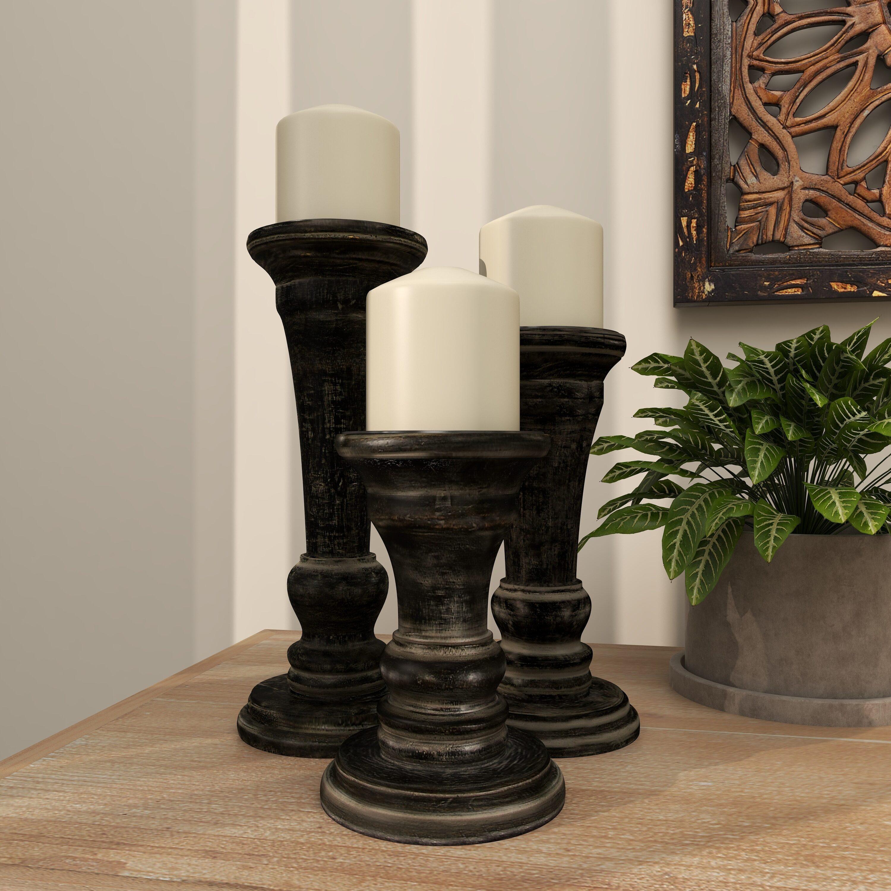 DecMode 3 Candle Black Mango Wood Candle Holder, Set of 3