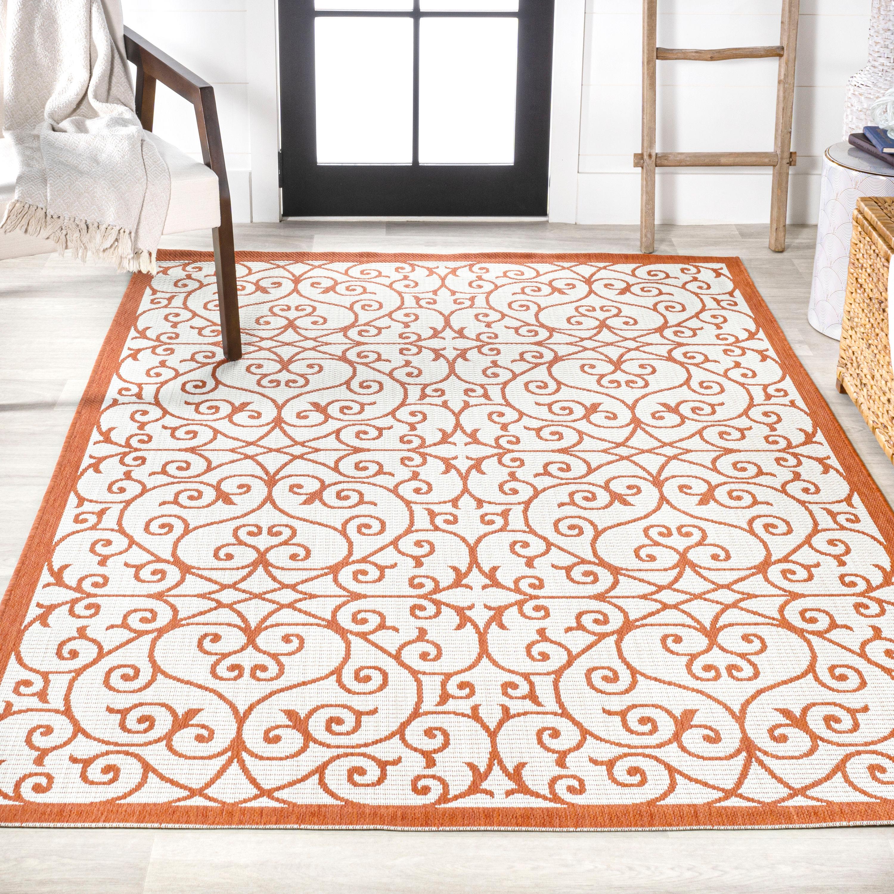 4' x 6' Madrid Vintage Filigree Textured Weave Indoor/Outdoor Area Rug, Cream/Orange - JONATHAN Y