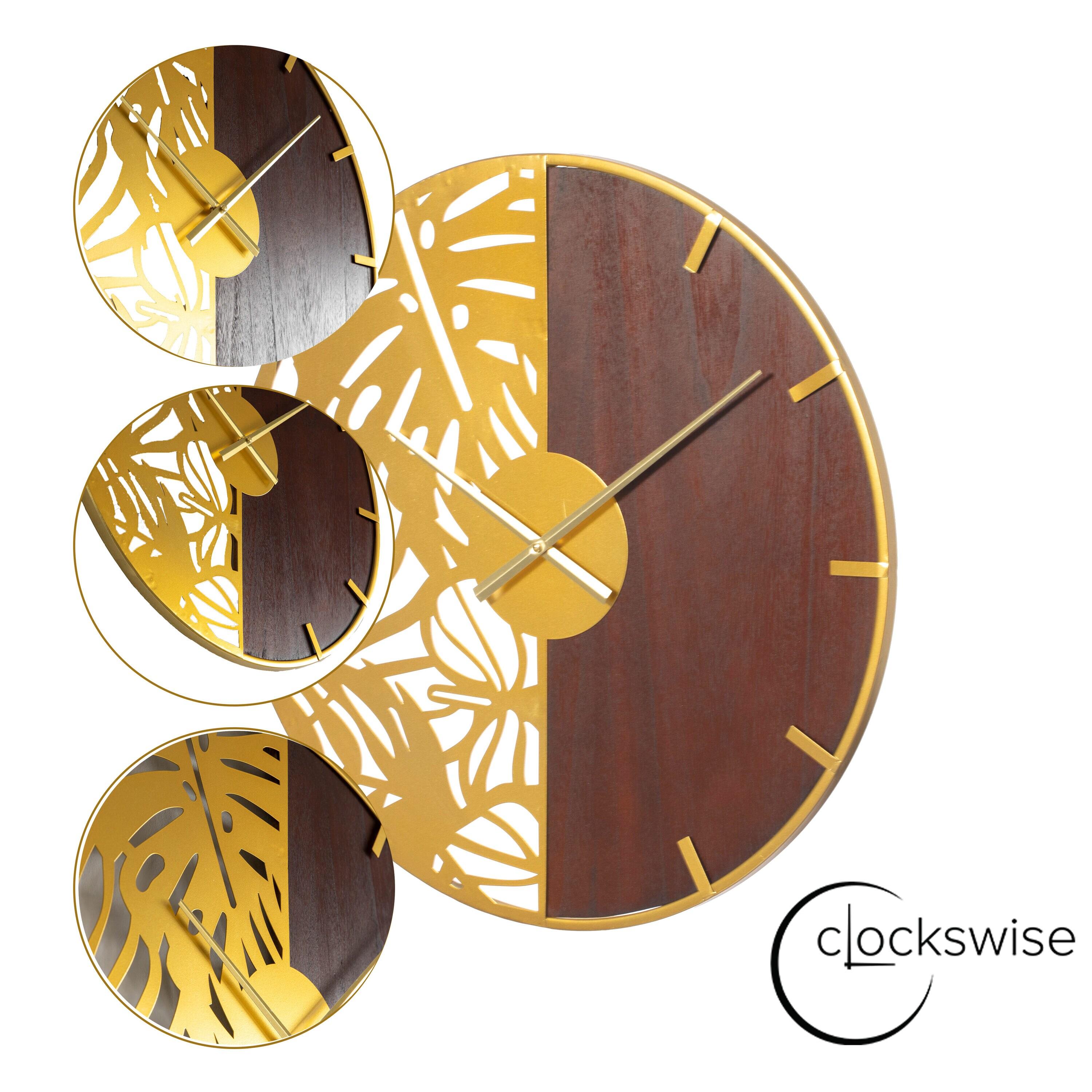 Clockswise 23.6” Round Big Wall Clock, brown wood and gold Metal with Leaf Cutout for Entryway Office Living Room or Kitchen, Hanging Supplies Include