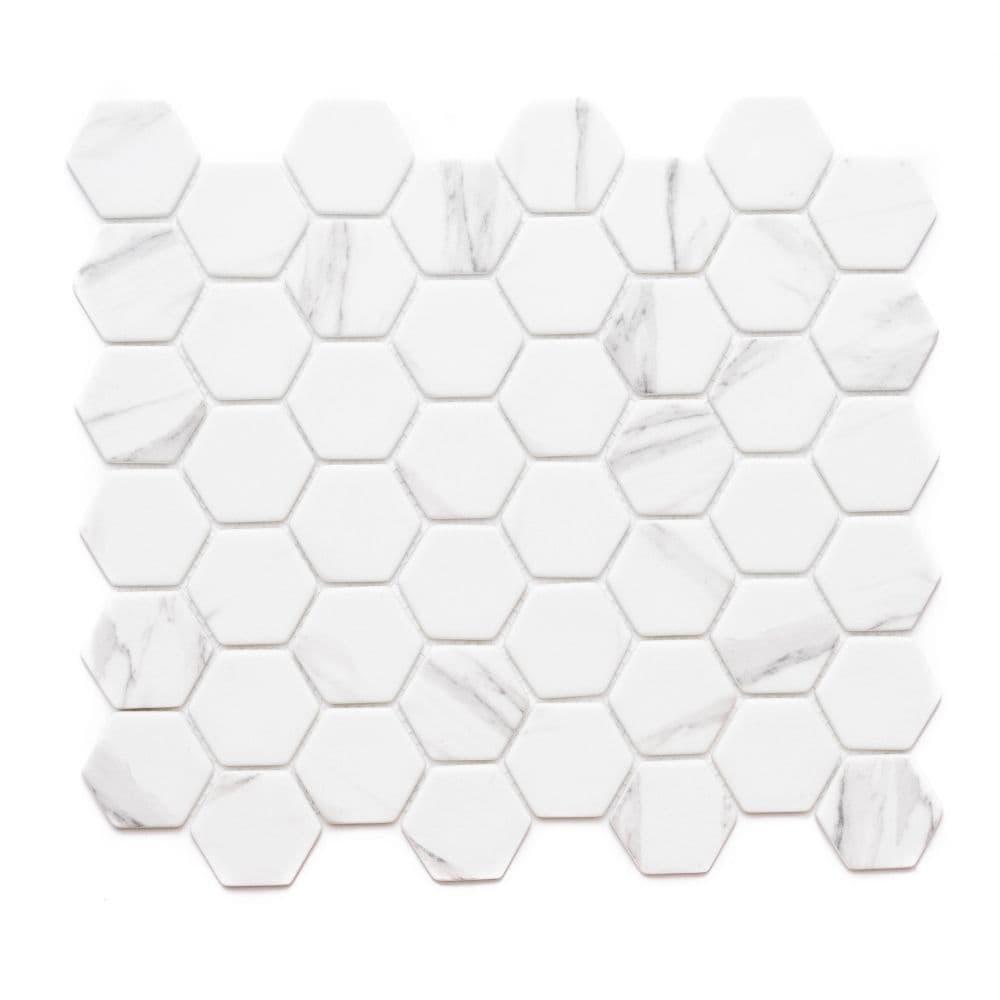 Carrara Hexagon Recycled Glass Mosaic Wall Tile Sheet