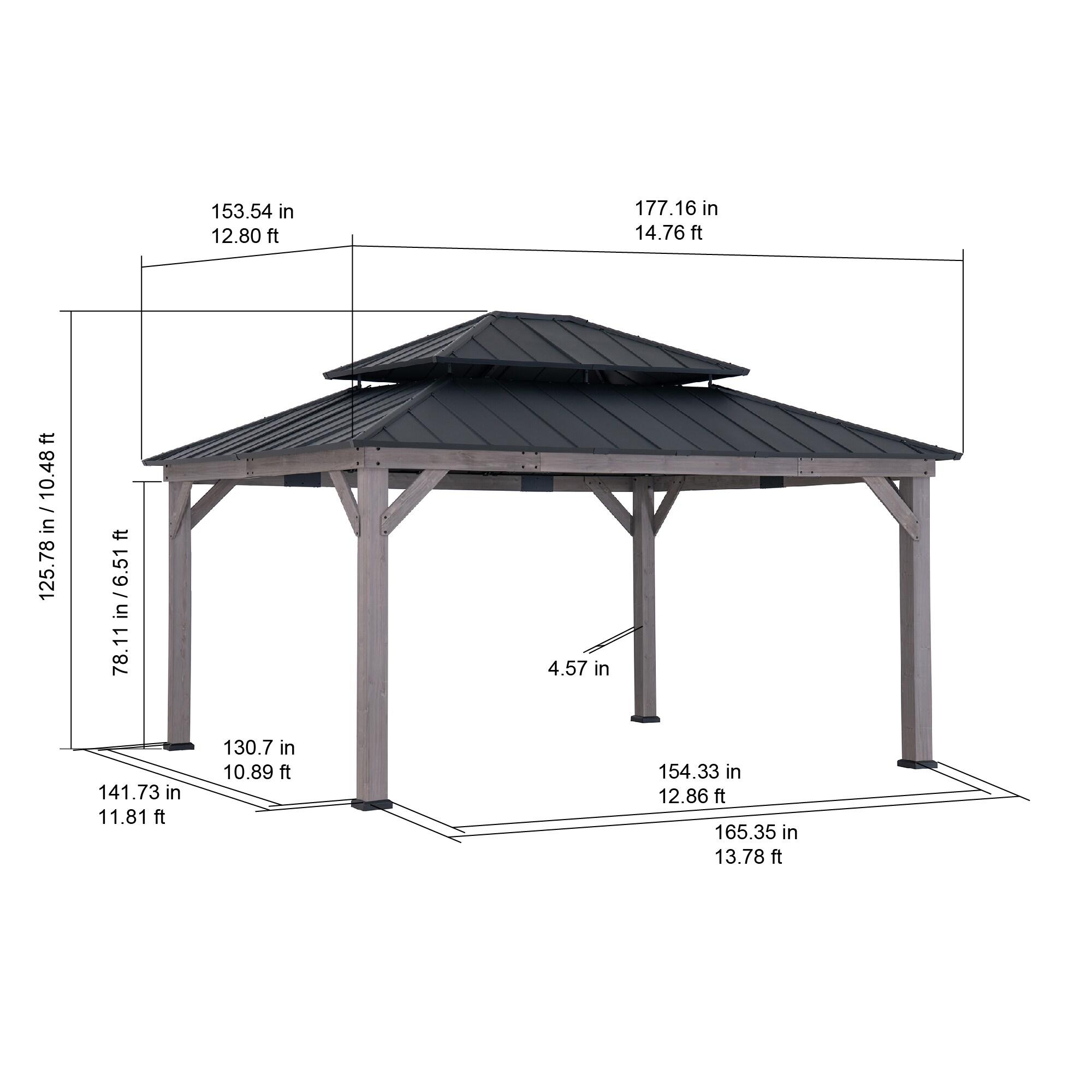 Sunjoy Sunjoy 13 x 15 ft. Wood Gazebo, Outdoor Patio Steel Hardtop Gazebo, Cedar Framed Wooden Gazebo with 2-Tier Metal Roof, Suitable for Patios, Lawn and Backyard