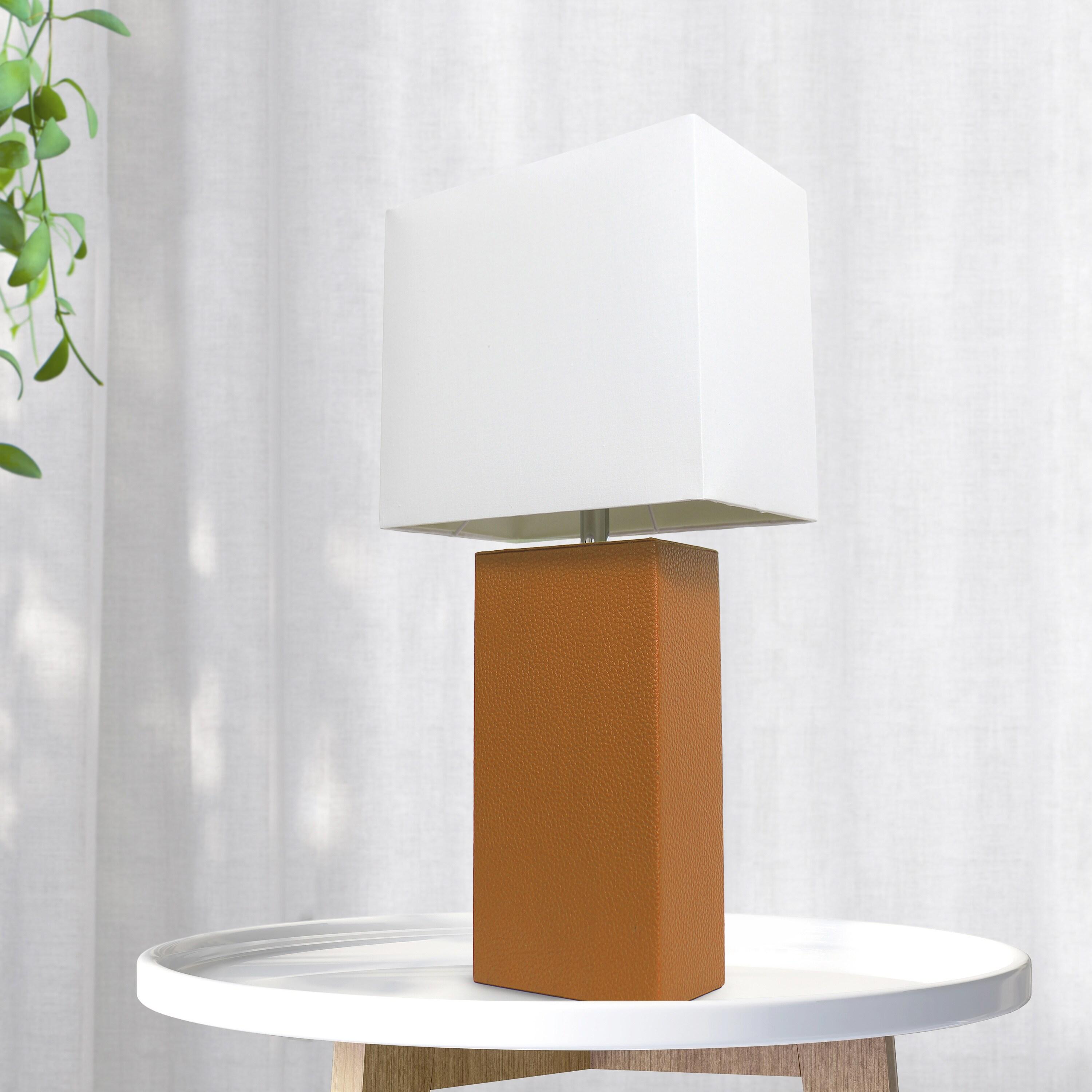 21" Lexington Leather Base Modern Home Decor Bedside Table Lamp with USB Charging Port and Fabric Shade Tan/White - Lalia Home: No Assembly