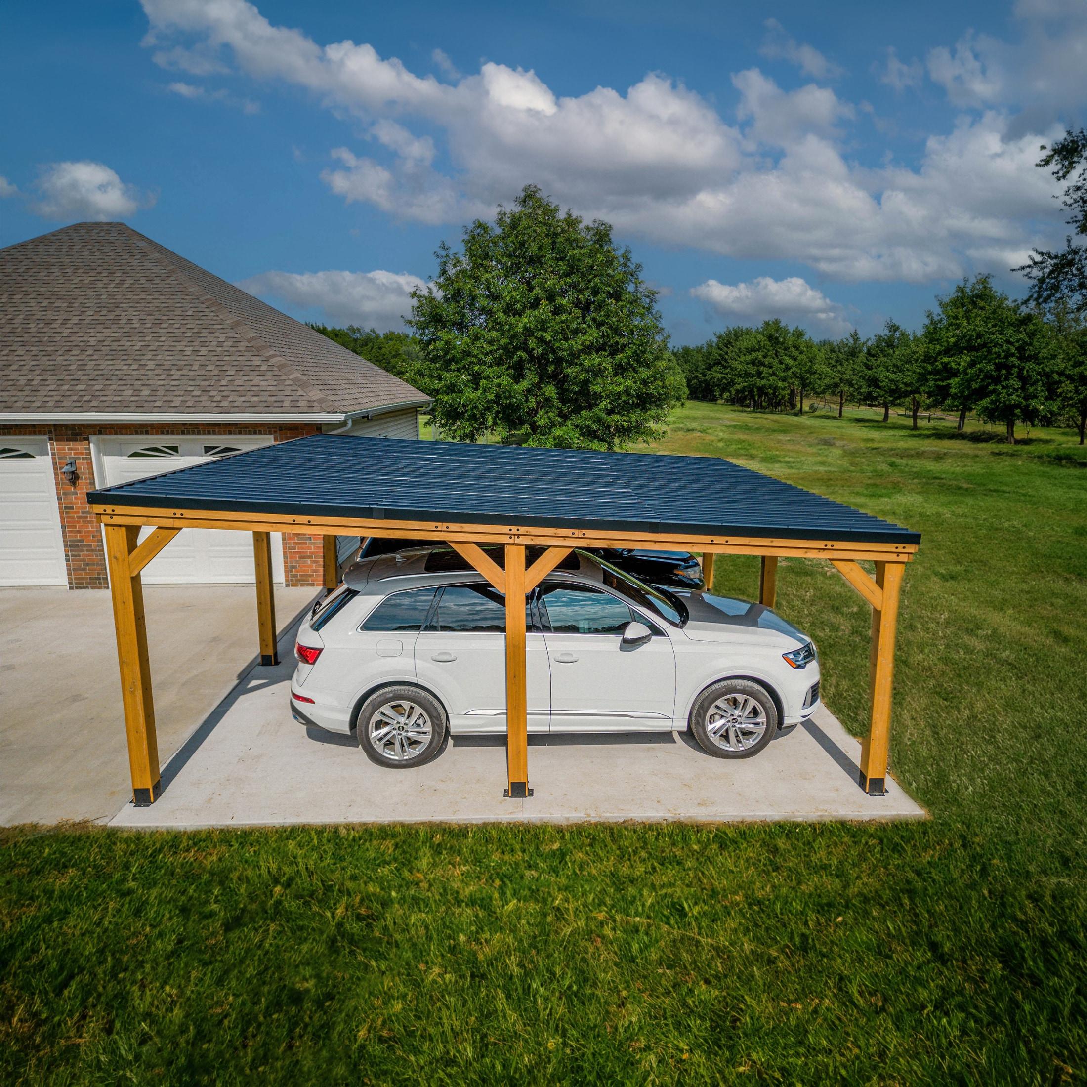 Backyard Discovery Kingsport 20'x 20' Cedar Wood Carport, Galvanized Steel Roof, PowerPort