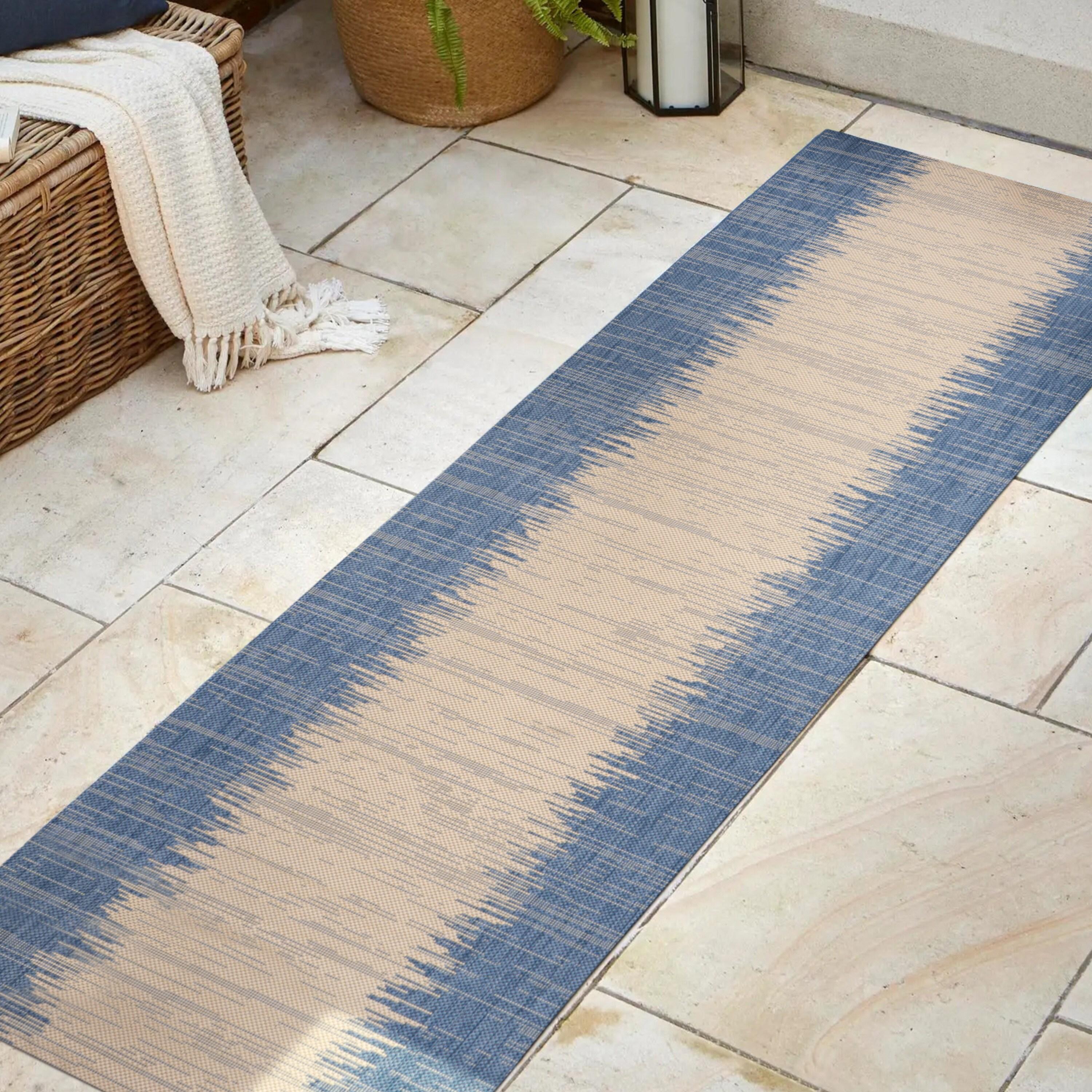 2' x 10' Tavira Modern Strie' Indoor/Outdoor Runner Rug, Blue/Beige - JONATHAN Y