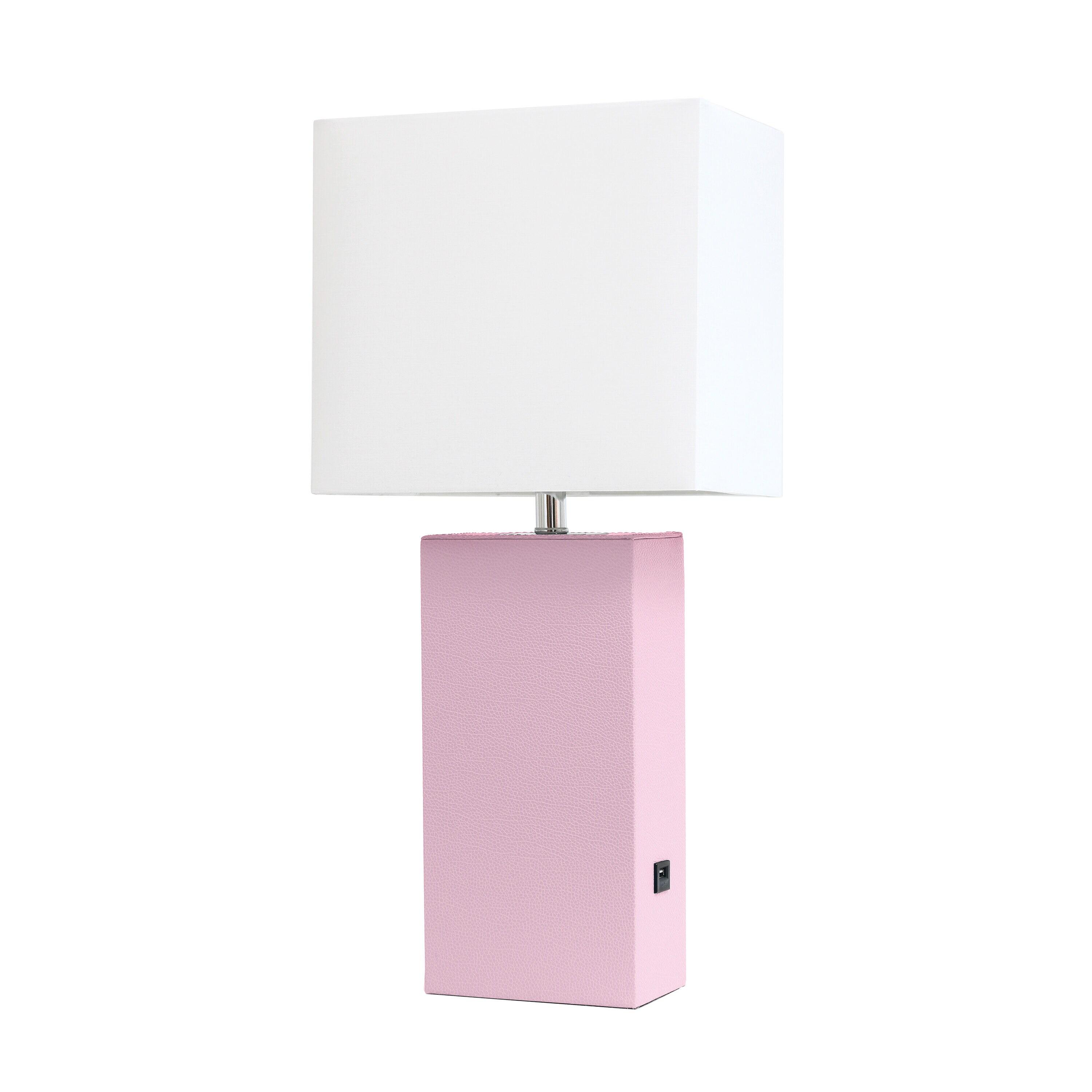 21" Lexington Leather Base Modern Home Decor Bedside Table Lamp with USB Charging Port and Fabric Shade Blush/White - Lalia Home: No Assembly