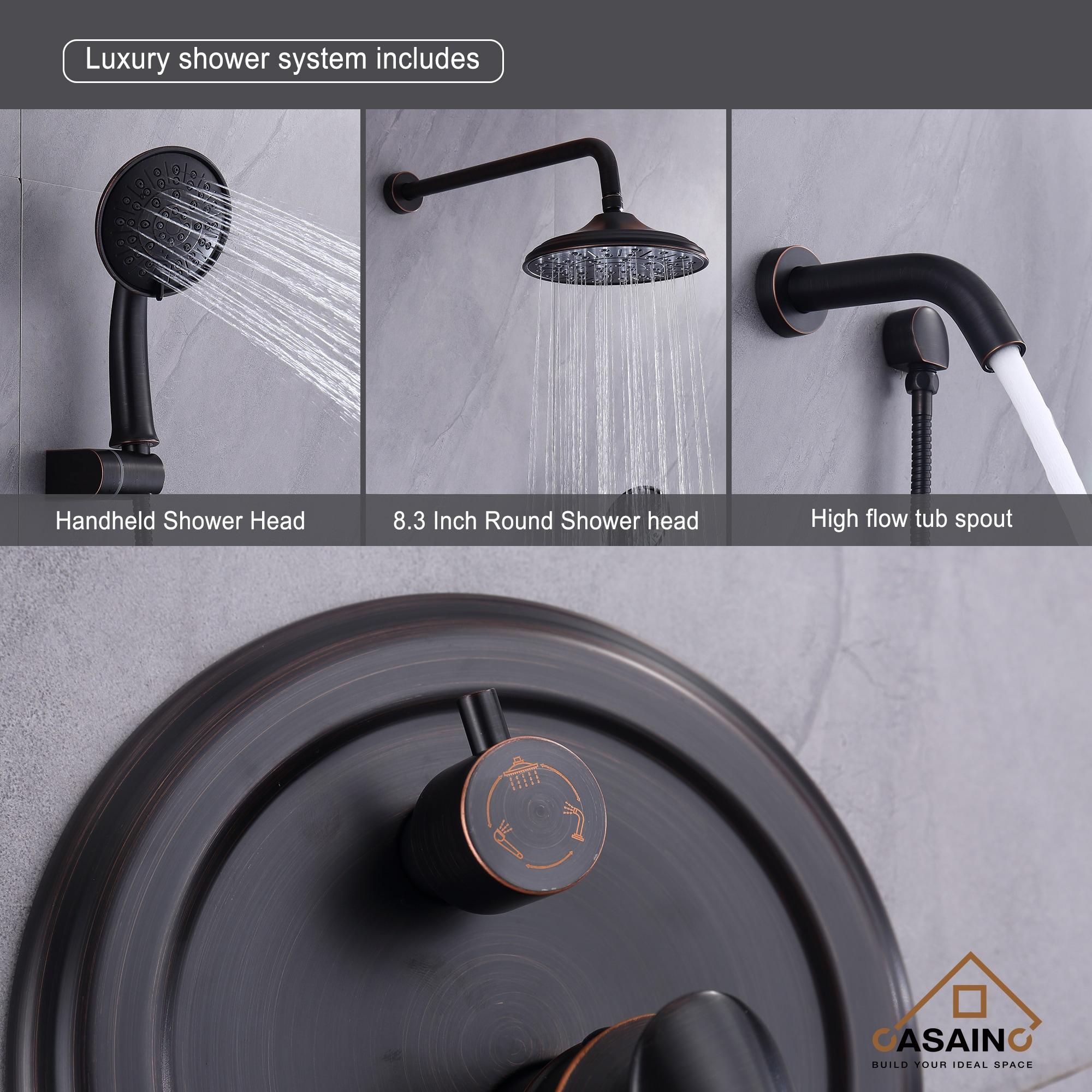 Retro Wall Mount 3 Funtions Rainfall Shower System with 3 Setting Handheld, Bath Spout, Rough-In Valve and Diverter