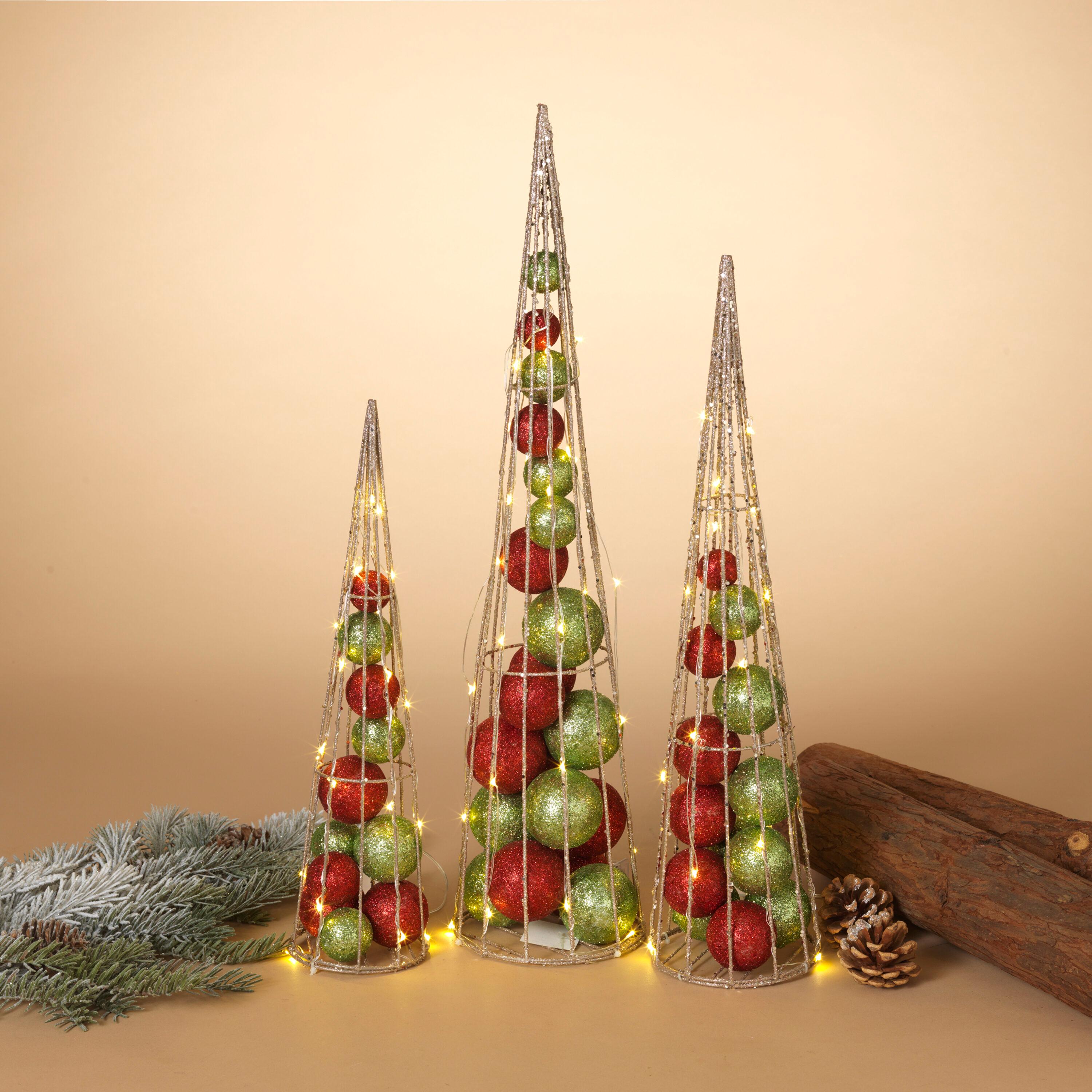 Gerson 2550120 Set of 3 Battery Operated Lighted Ornament Filled Cone Trees, Large is 24-inch Height