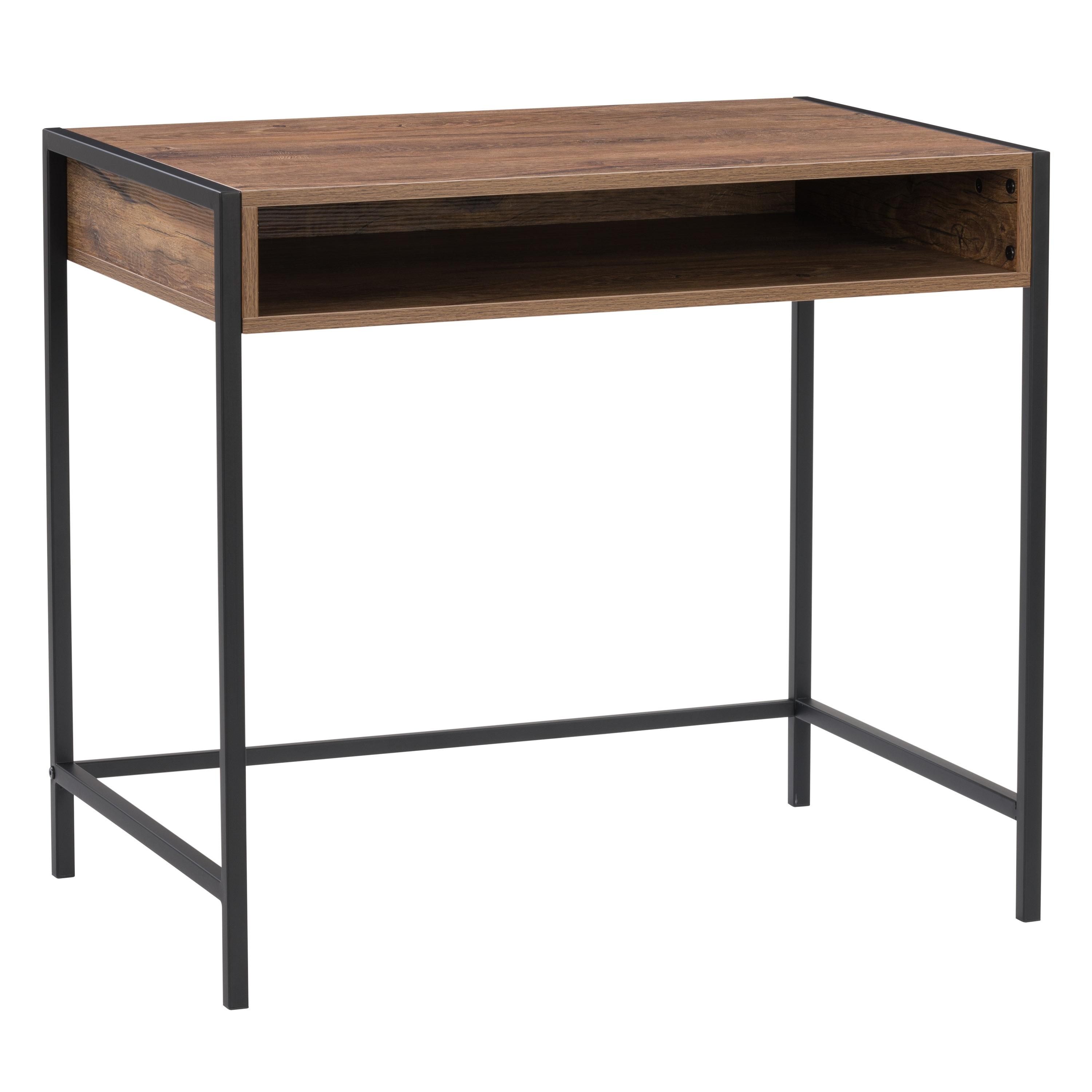 CorLiving Auston Wood Grain Desk Brown: 34" Modern Laminated Office, Open Storage Shelf