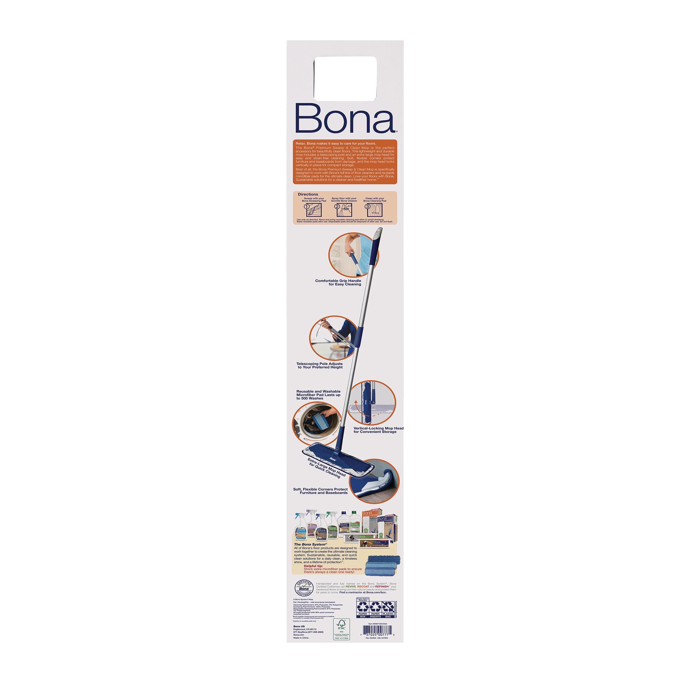 Bona Floor Mop Starter Kit - 2-in-1 Wet + Dry Floor Sweeping + Mopping - 1 Mop, 1 Reusable Sweeping Pad, 1 Reusable Mopping Pad