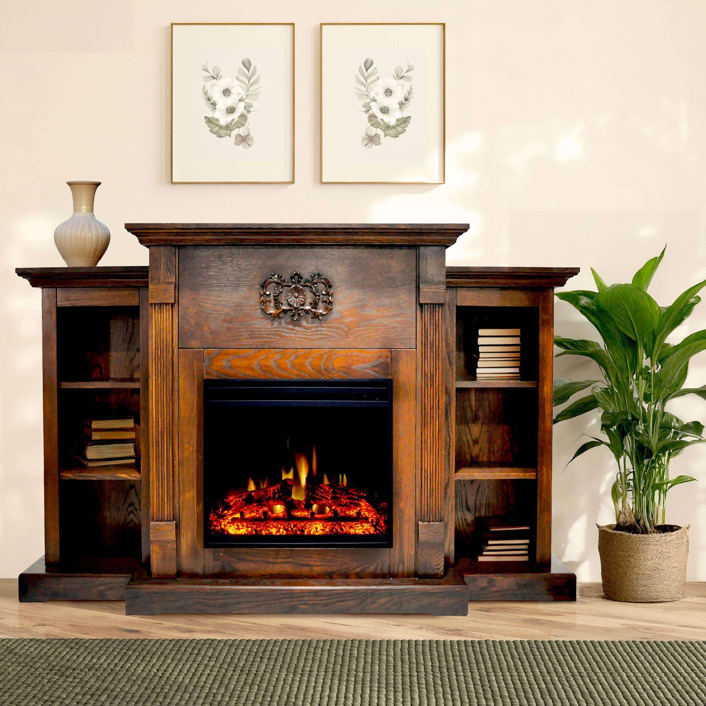 Cambridge 72-in. Walnut Indoor Freestanding Electric Fireplace Mantel with Log Display
