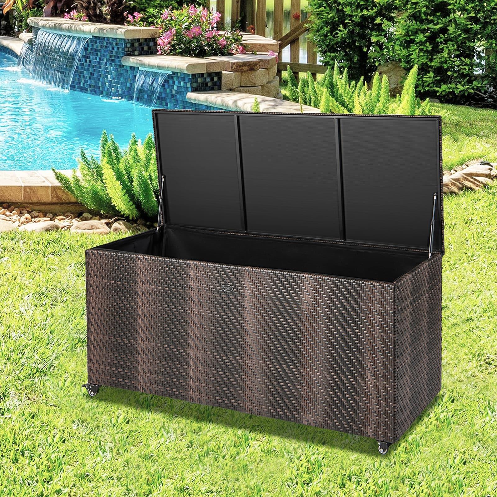 CasaCore 96 Gallon PE Wicker Outdoor Storage Box with 4 Wheels