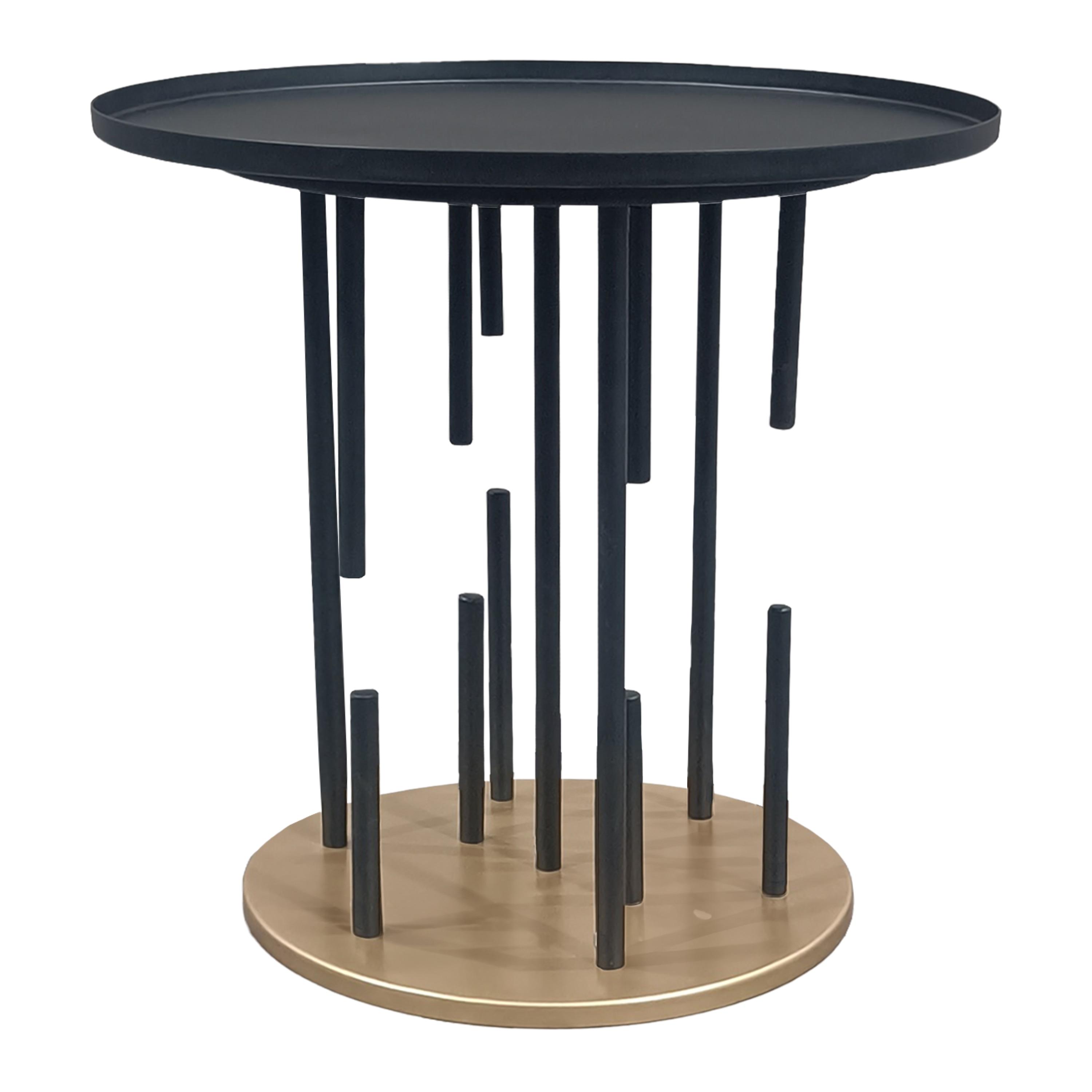 The Urban Port 20" Side End Table Round Matte Black Tray Top Modern Rod Supports with Brass Base Black/Brass