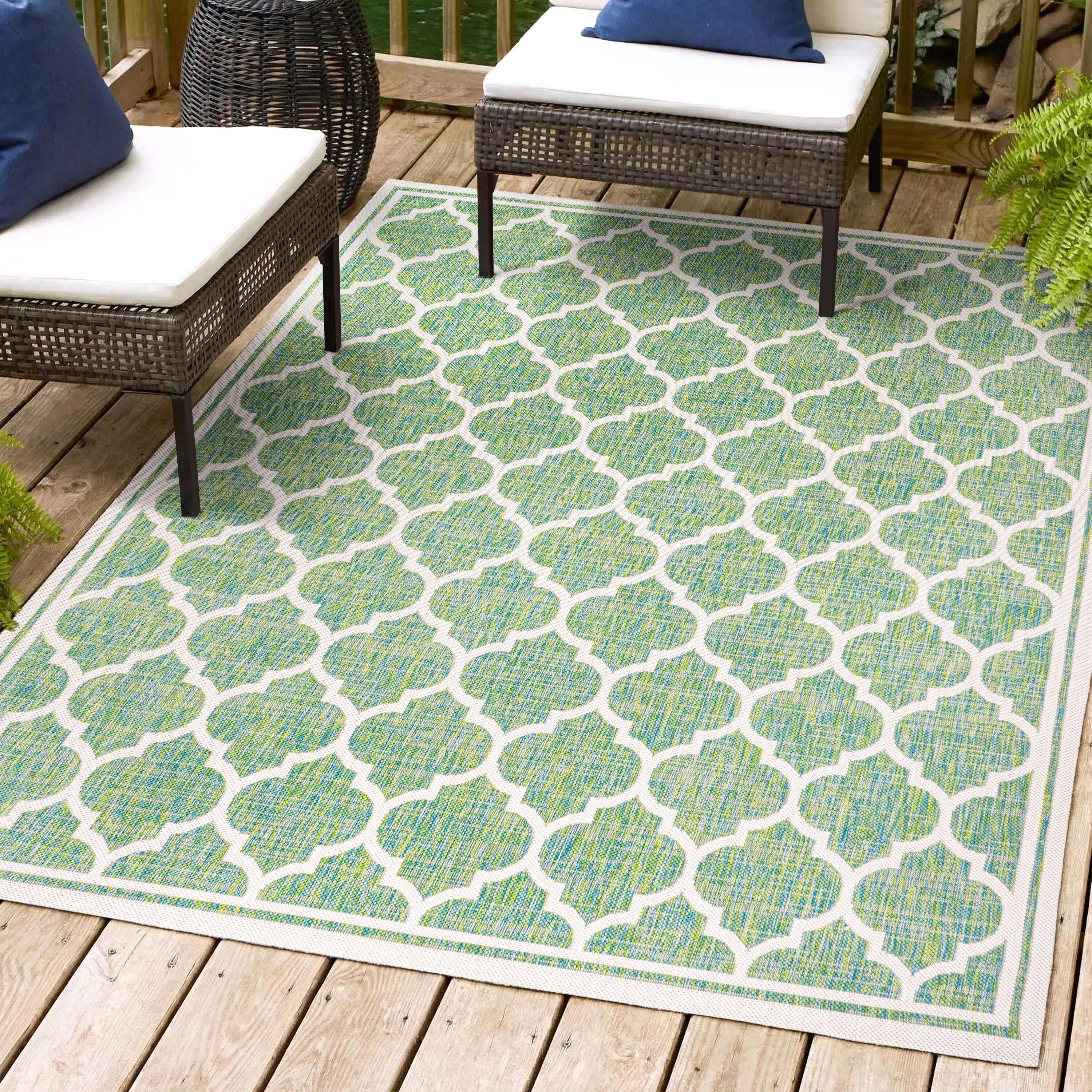 3' x 5' Trebol Moroccan Trellis Textured Weave Indoor/Outdoor Area Rug, Cream/Green - JONATHAN Y