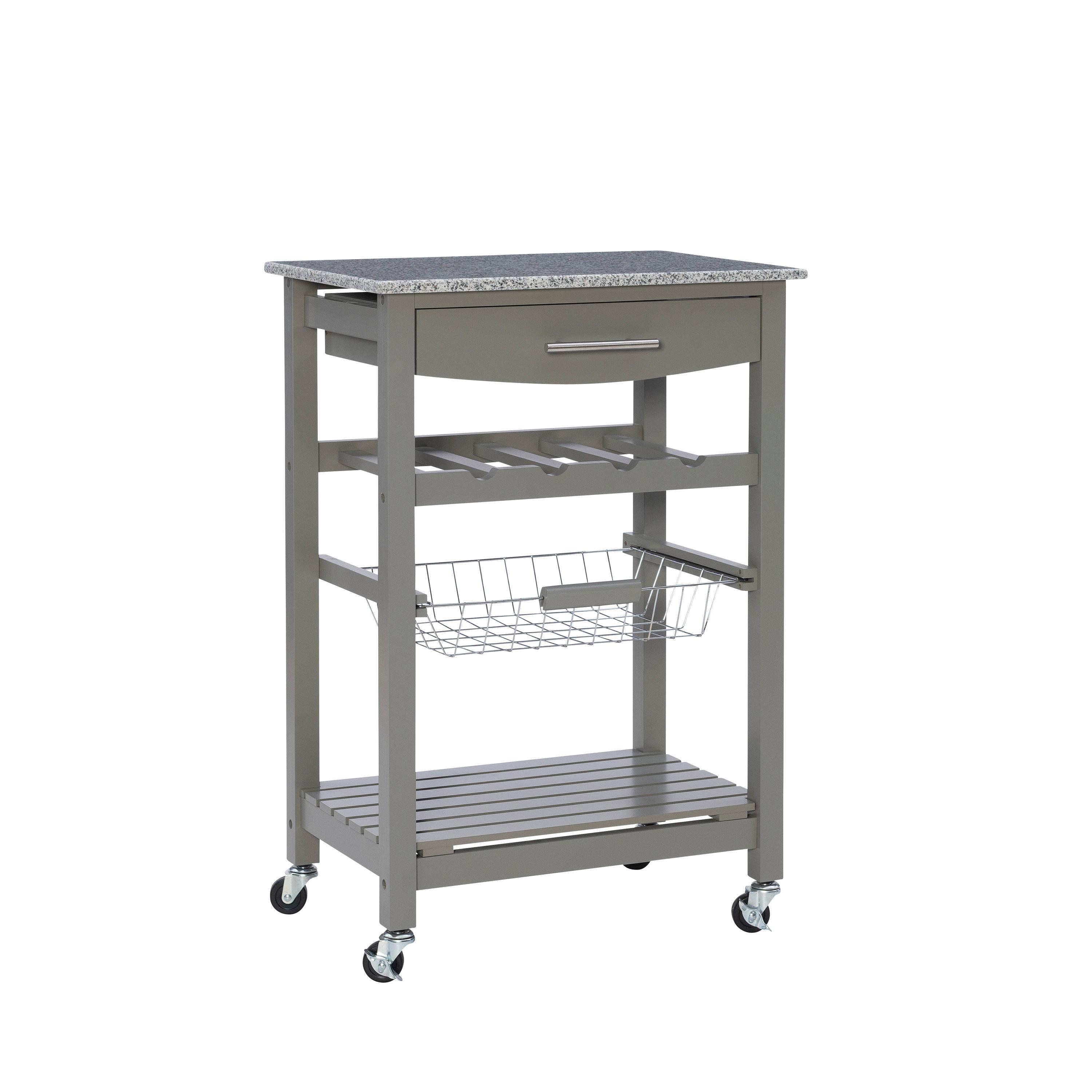 Roger Gray Wood Movable Kitchen Cart Granite Top Storage Wine Rack Locking Wheels - Linon