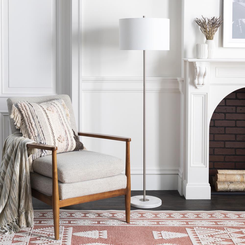 Becker Polished Silver Metal and Natural Marble Floor Lamp with White Linen Shade