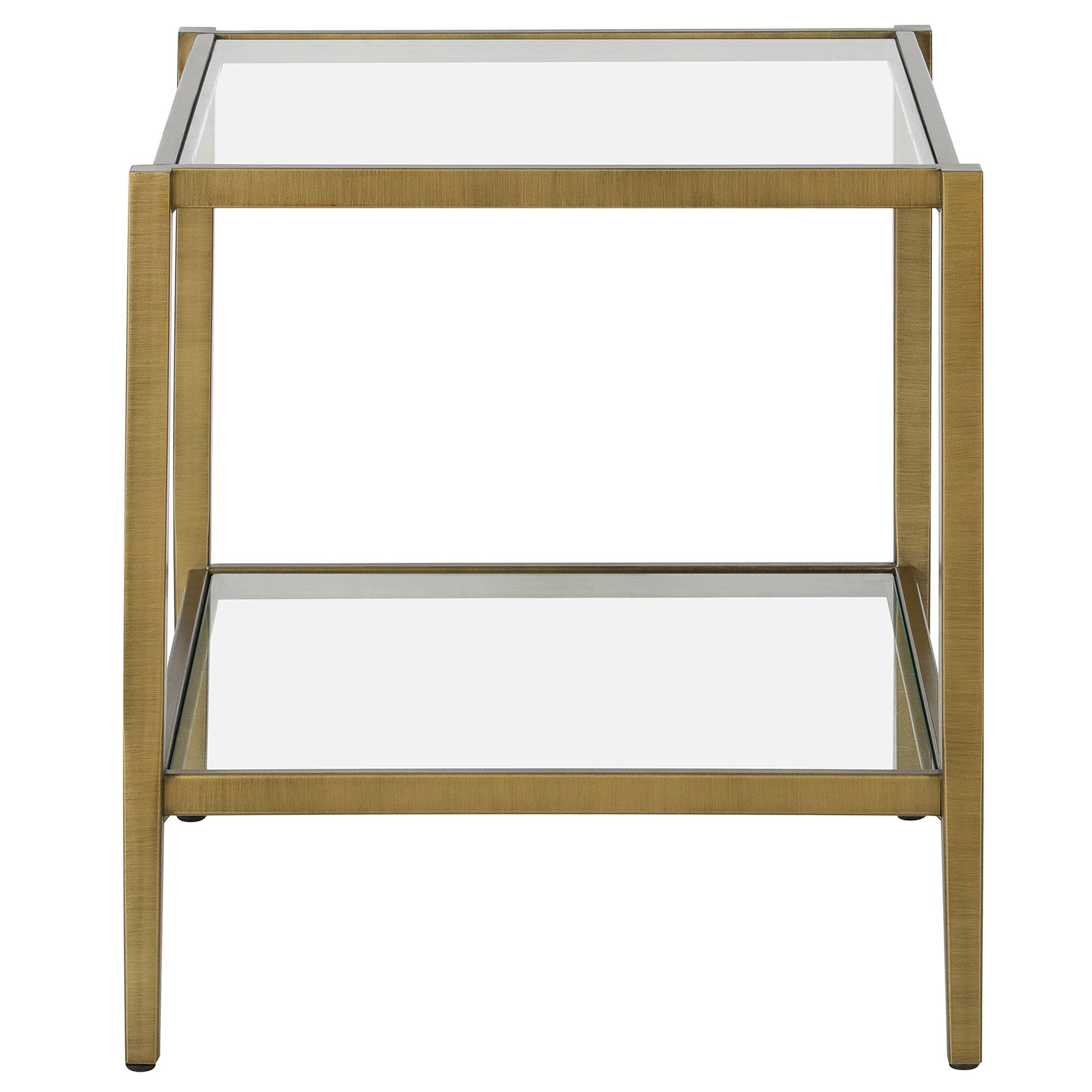 Evelyn&Zoe Hera 20" Wide Square Side Table with Glass Shelf, Antique Brass
