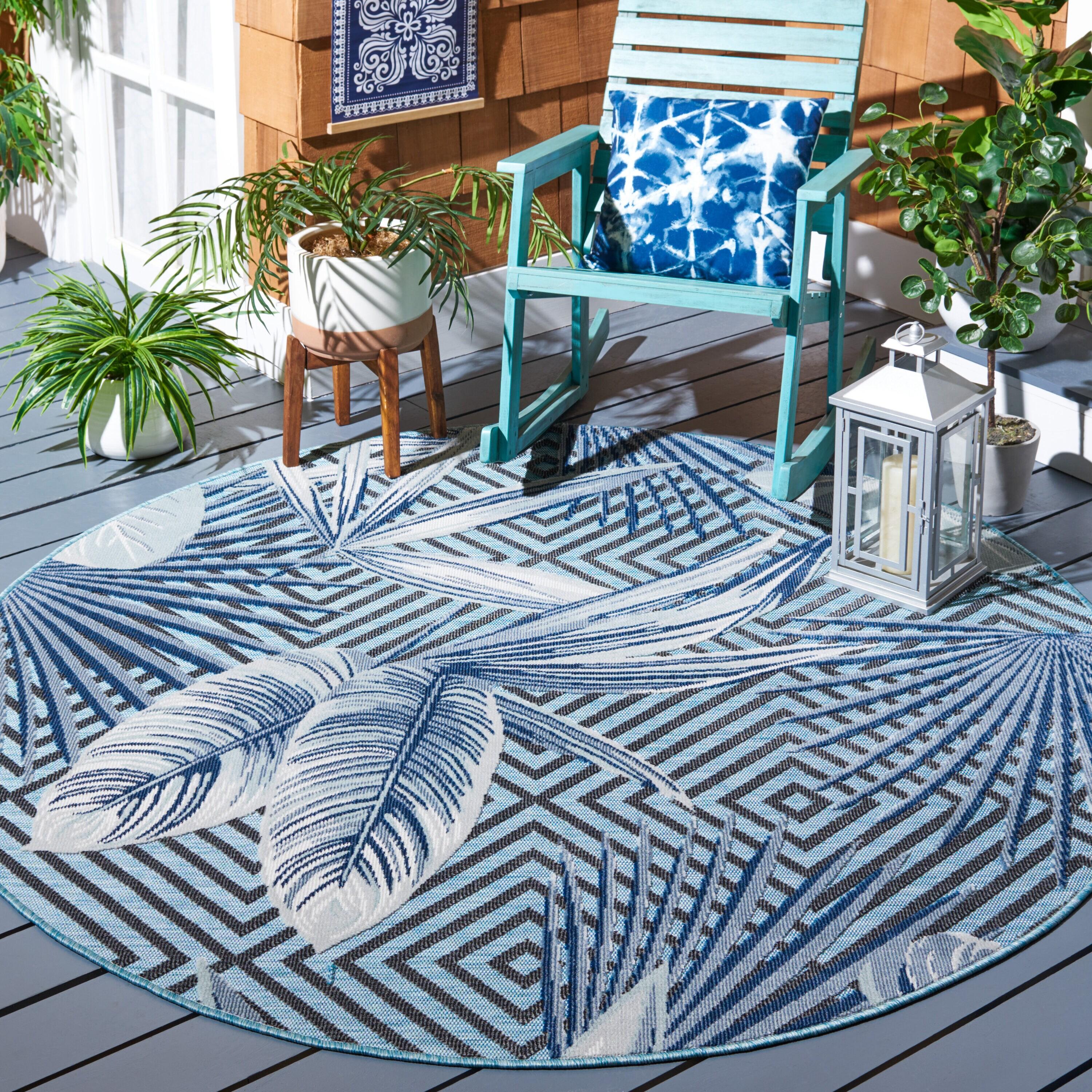 Cabana CBN447 Loomed Indoor/Outdoor Area Rug - Aqua/Navy - 6'5"x6'5" Round - Safavieh