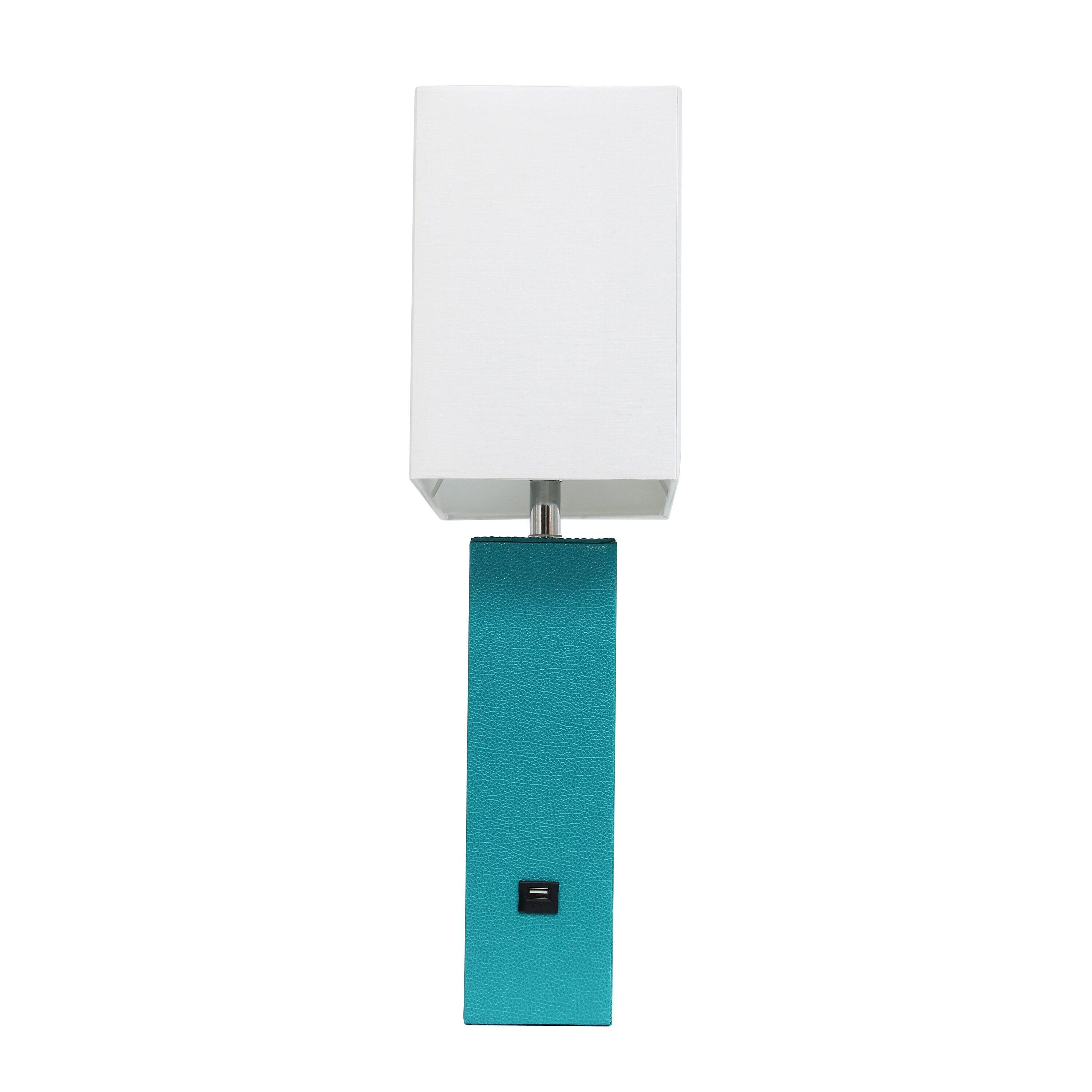 21" Lexington Leather Base Modern Home Decor Bedside Table Lamp with USB Charging Port and Fabric Shade Teal Green/White - Lalia Home: No Assembly