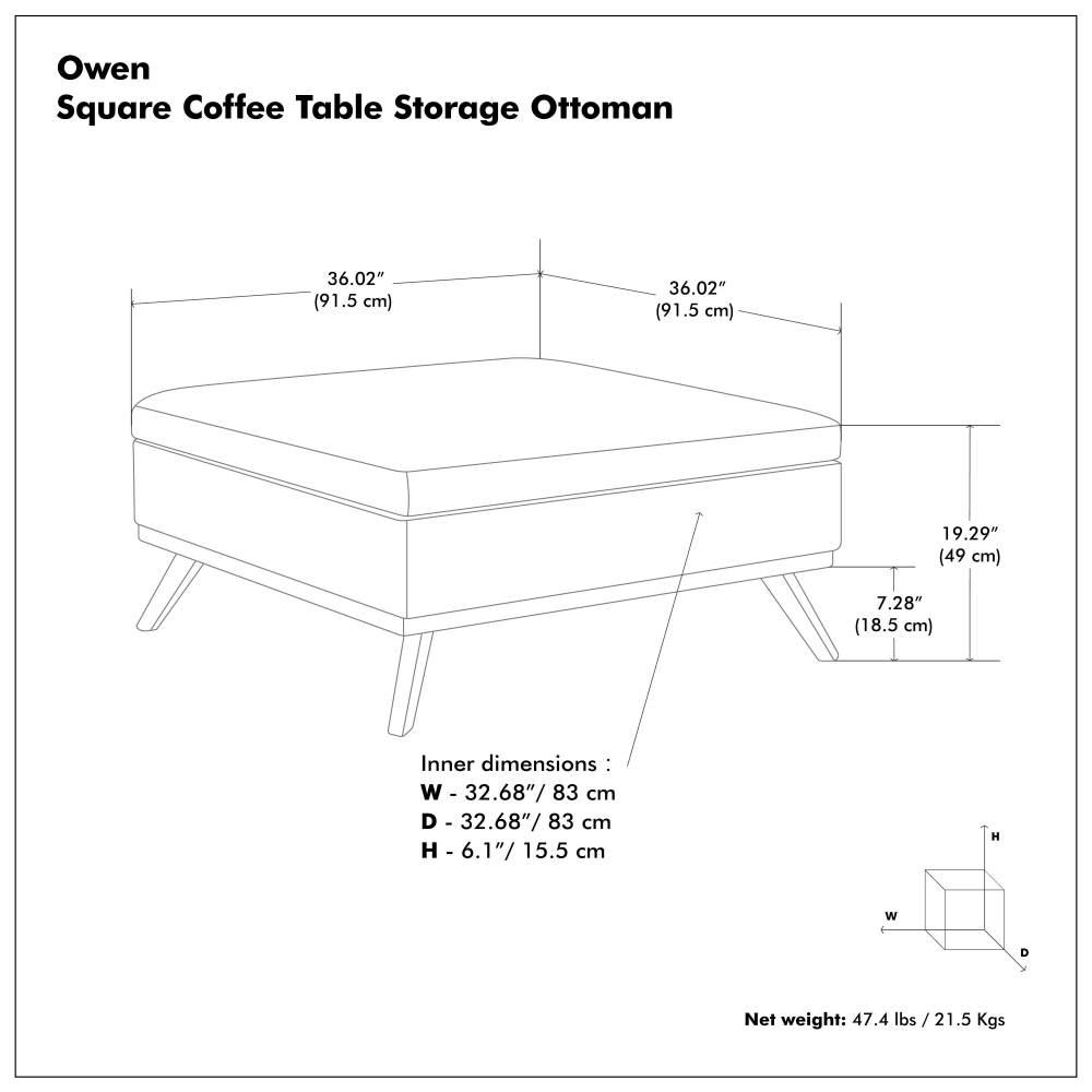 Simpli Home Owen 36"W Upholstered Square Coffee Table Storage Ottoman with Lift Top and Solid Wood Legs