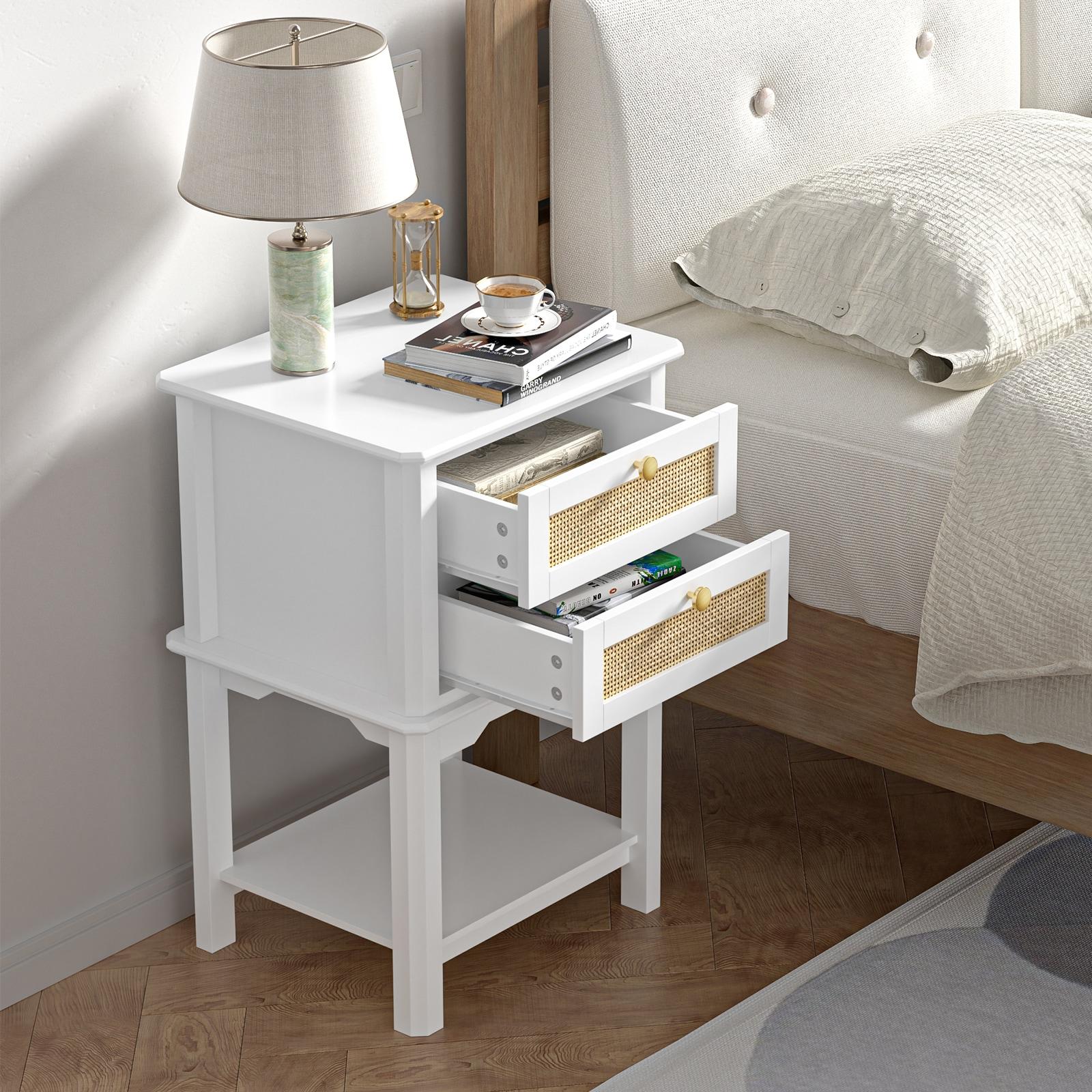 Giluta White Night Stand, 27.95'' H Wood Bedside Table with 2 Drawers, Natural Rattan Nightstand, Farmhouse End Side Table, Night Stand Cabinet for Bedroom