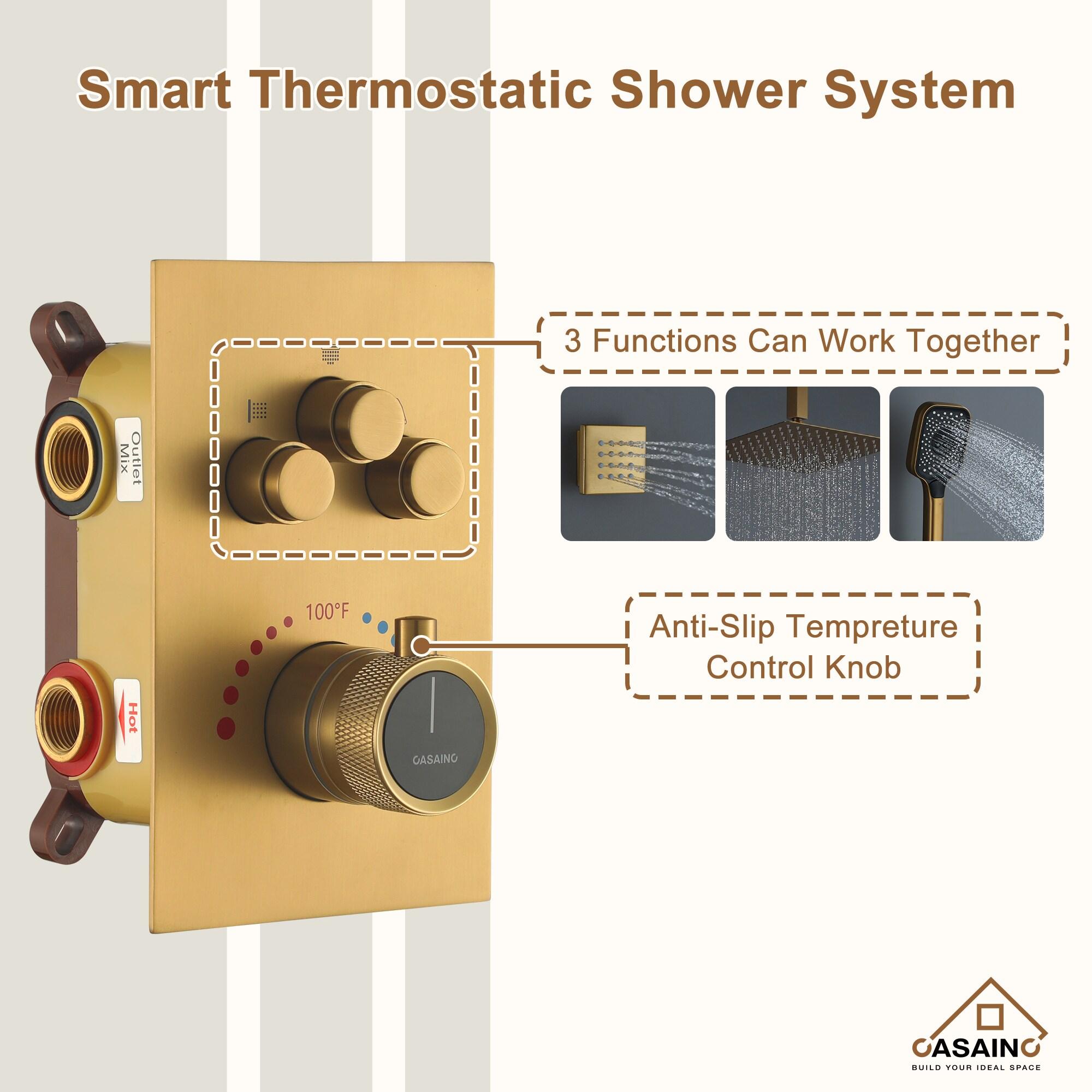 Revitalize 3-Function 12 Inch Ceiling Mount Rainfall Thermostatic Shower System with 6 Body Jets