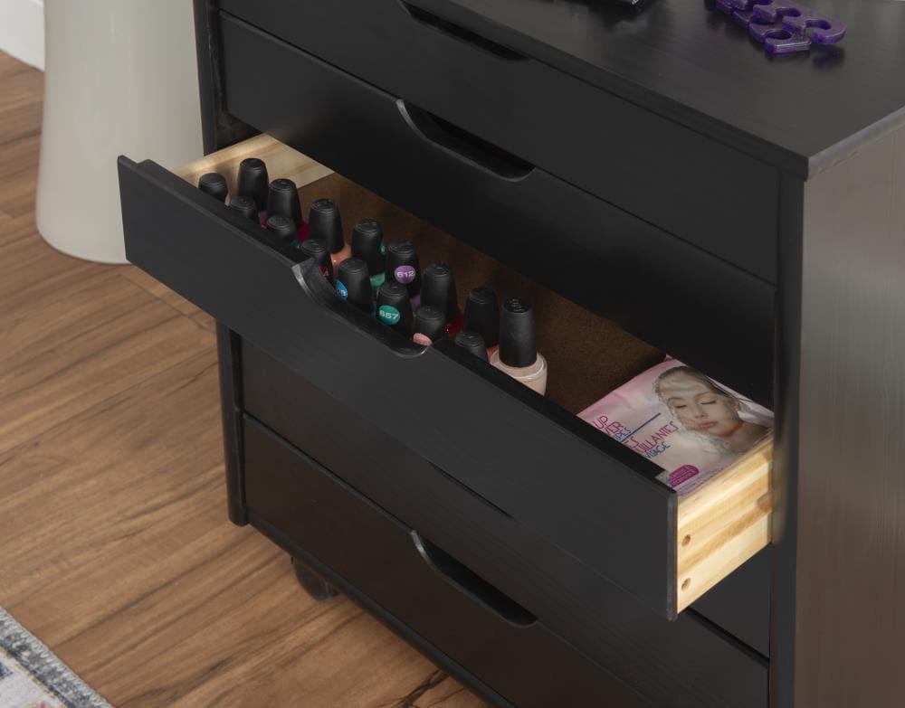 Cary Transitional 6 Drawer Solid Wood Contoured Handle Cut Out Wide Roll Cart Black - Linon: Pine Frame, Farmhouse Style, Portable Storage