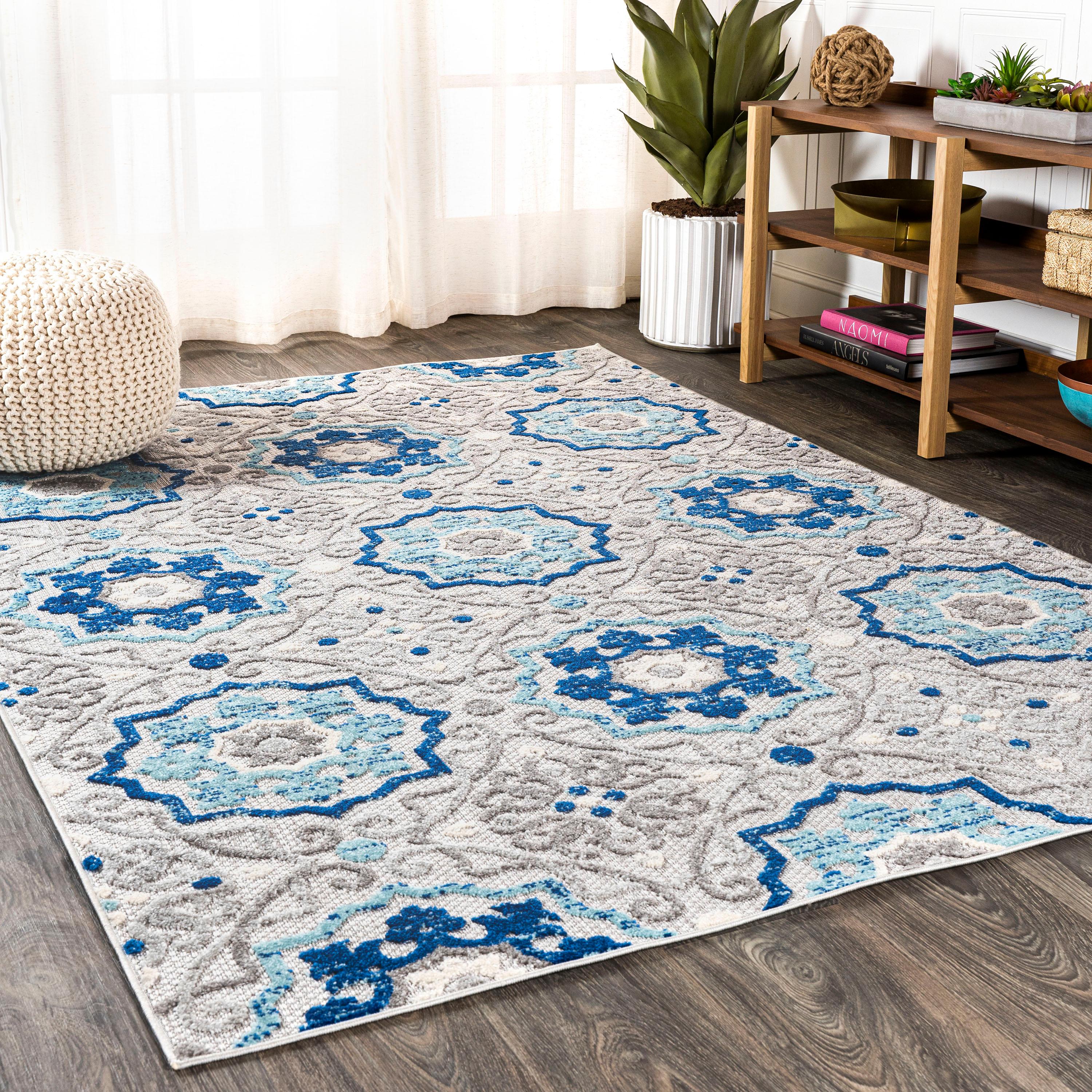 3'x5' Mediterranean Medallion Indoor/Outdoor Area Rug, Blue/Gray - JONATHAN Y
