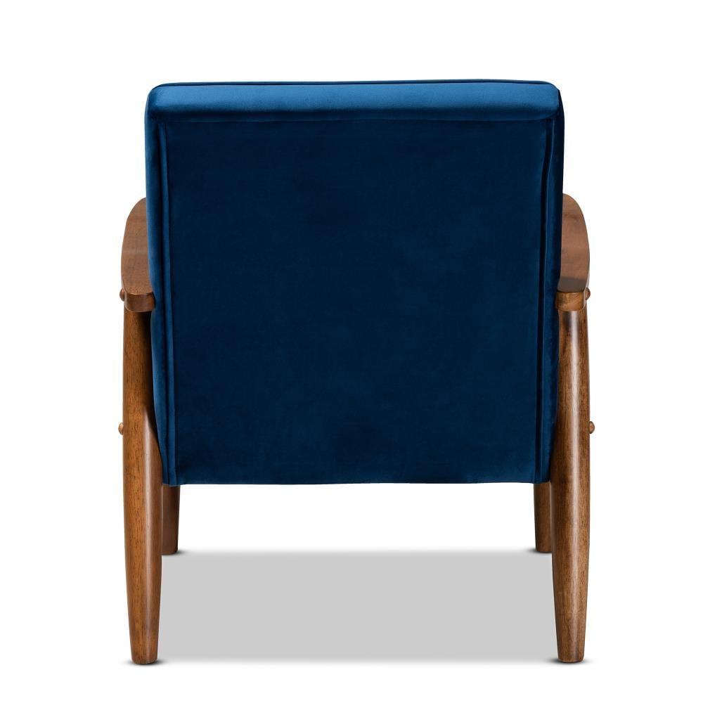 Sorrento Velvet Upholstered Wooden Lounge Chair Navy Blue/Brown - Baxton Studio: Mid-Century Modern, Button-Tufted, Danish Design