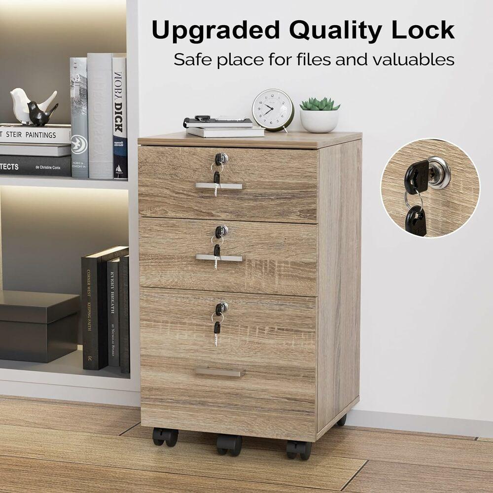 Ktaxon 3-Drawer Rolling Wood File Cabinet with Lock, Portable Vertical Mobile Wooden Storage, Business Filing Cabinet for Home Office,Oak